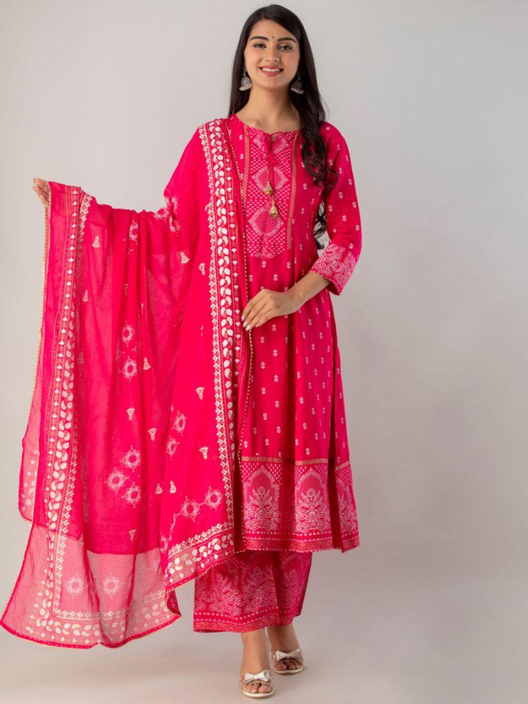 lovista women pink floral printed empire kurta with trousers & with dupatta