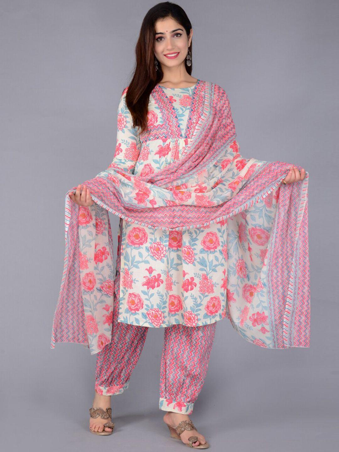 lovista women pink floral printed pleated pure cotton kurta with salwar & with dupatta