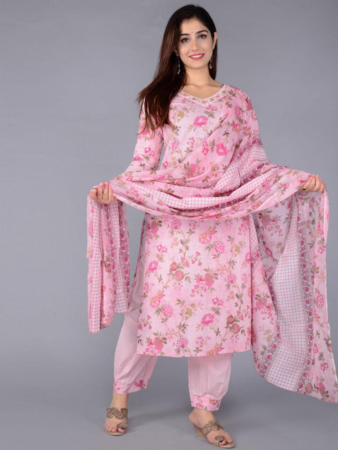 lovista women pink floral printed pleated thread work pure cotton kurta with salwar & with dupatta