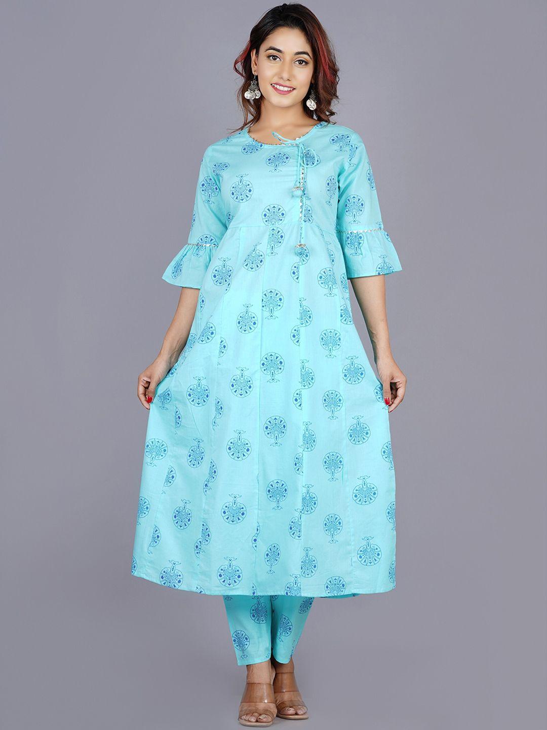 lovista women turquoise blue floral printed gotta patti pure cotton kurta with trousers