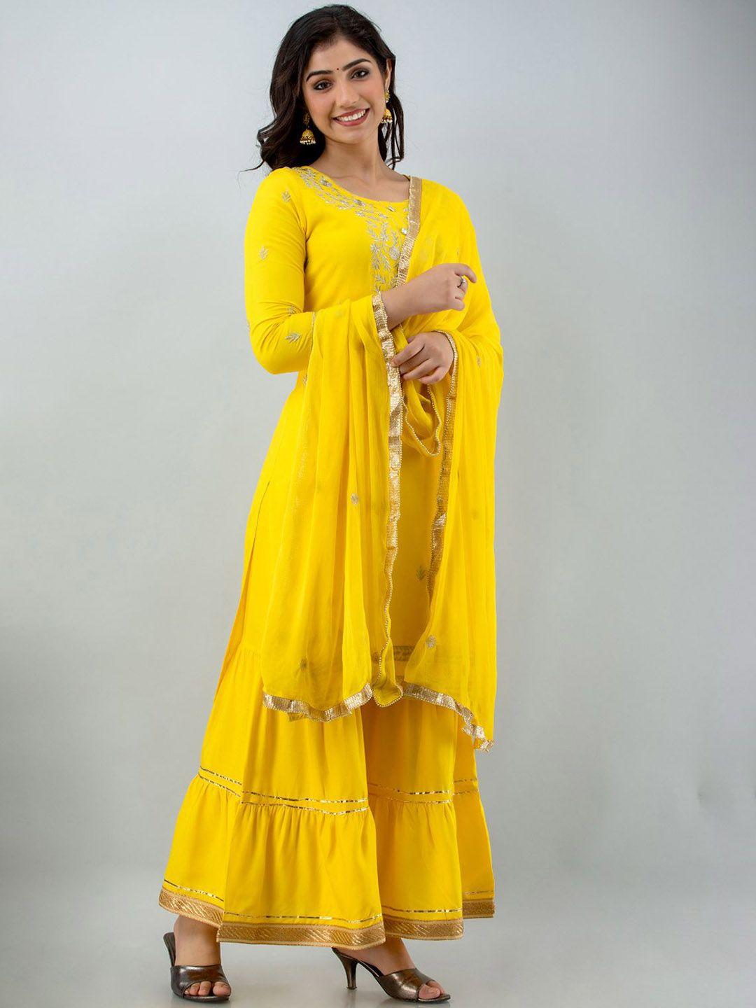 lovista women yellow floral embroidered empire thread work kurti with sharara & with dupatta