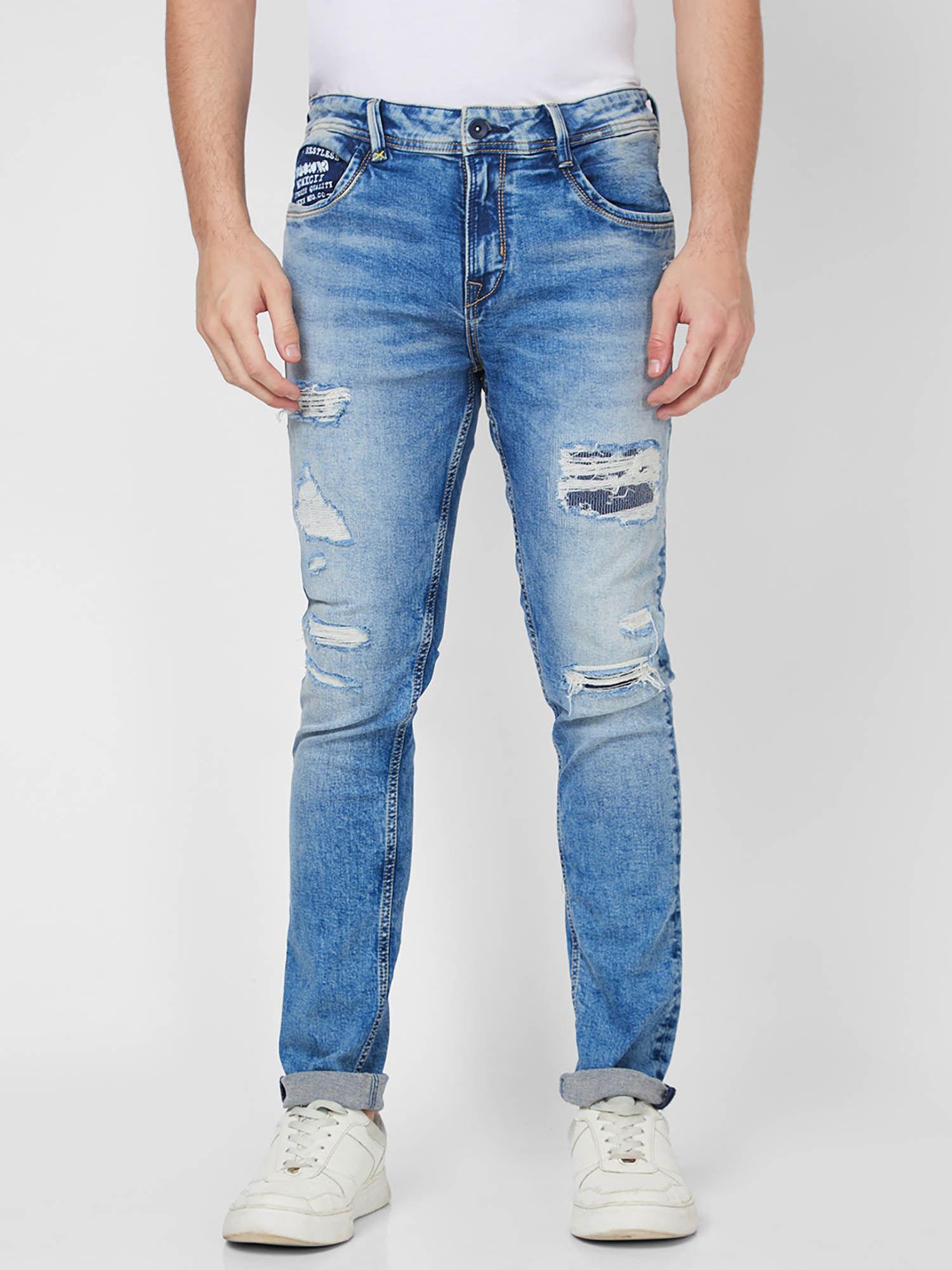 low rise slim fit blue jeans for men