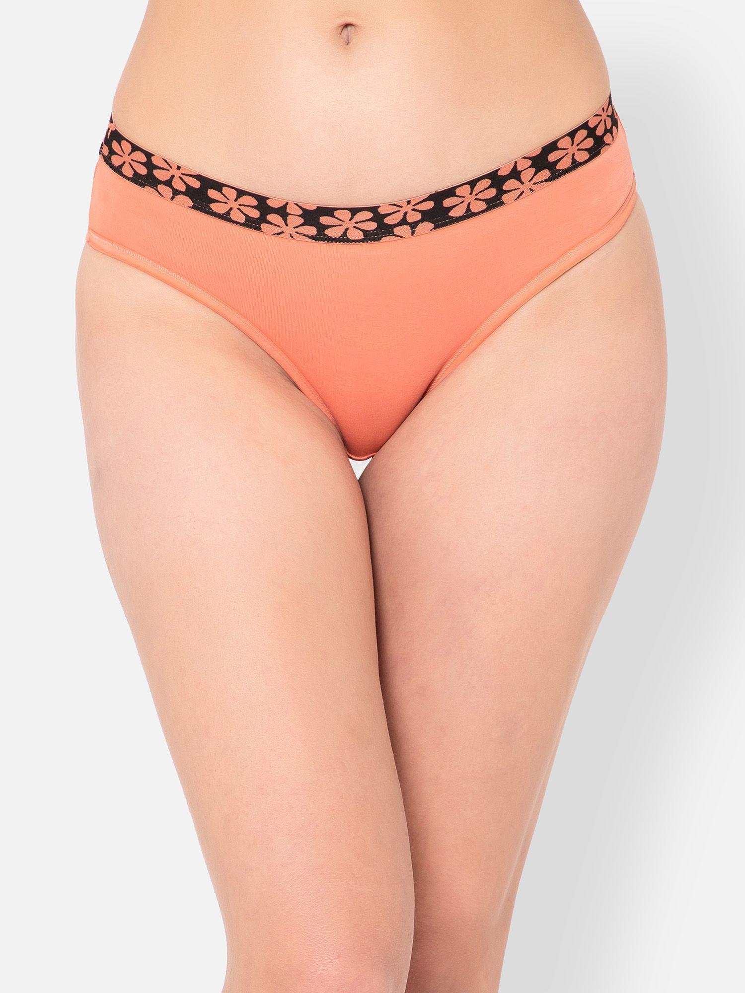 low waist bikini panty in peach colour with floral print waistband - cotton