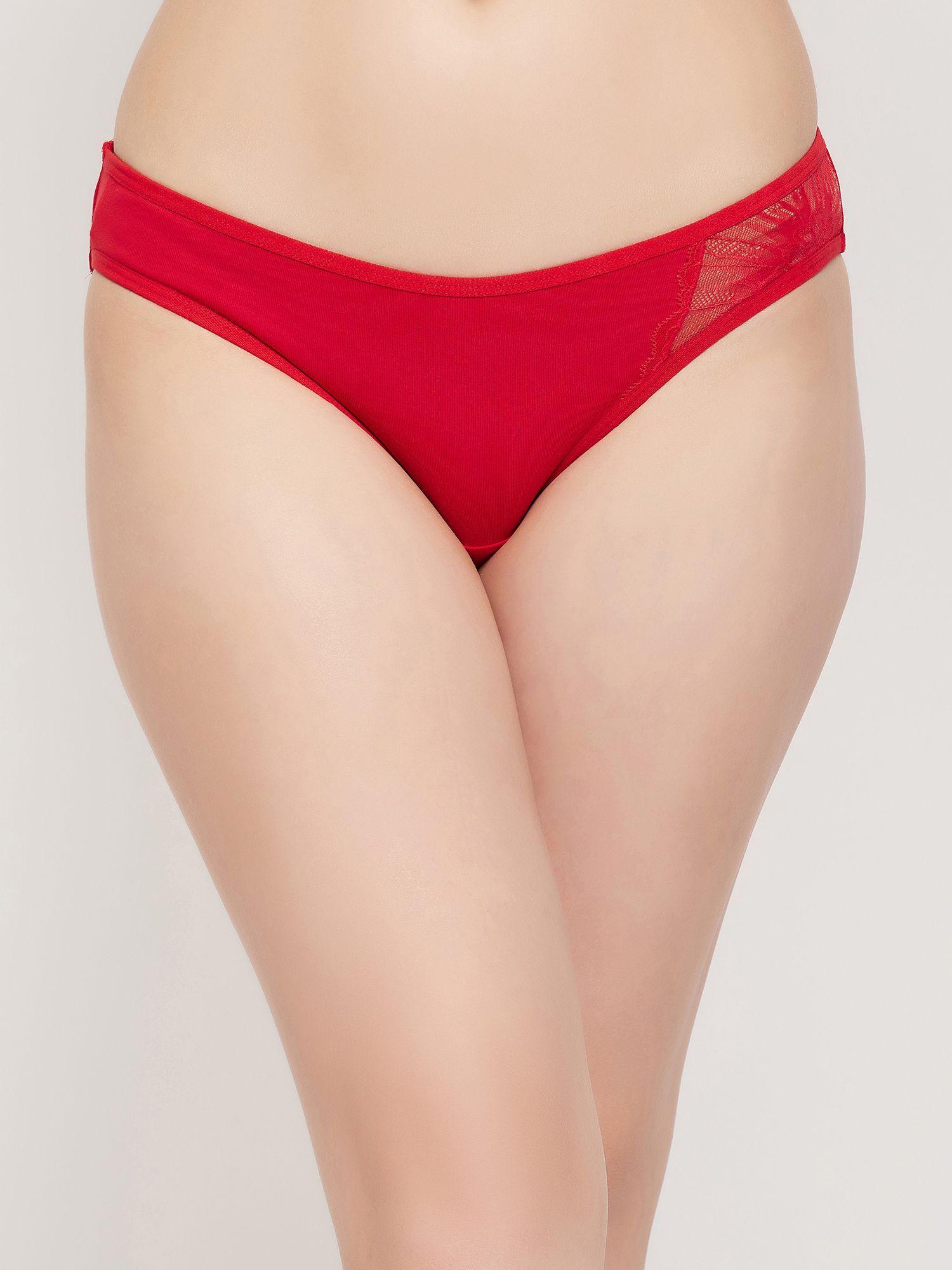 low waist bikini panty in red with lace inserts - cotton