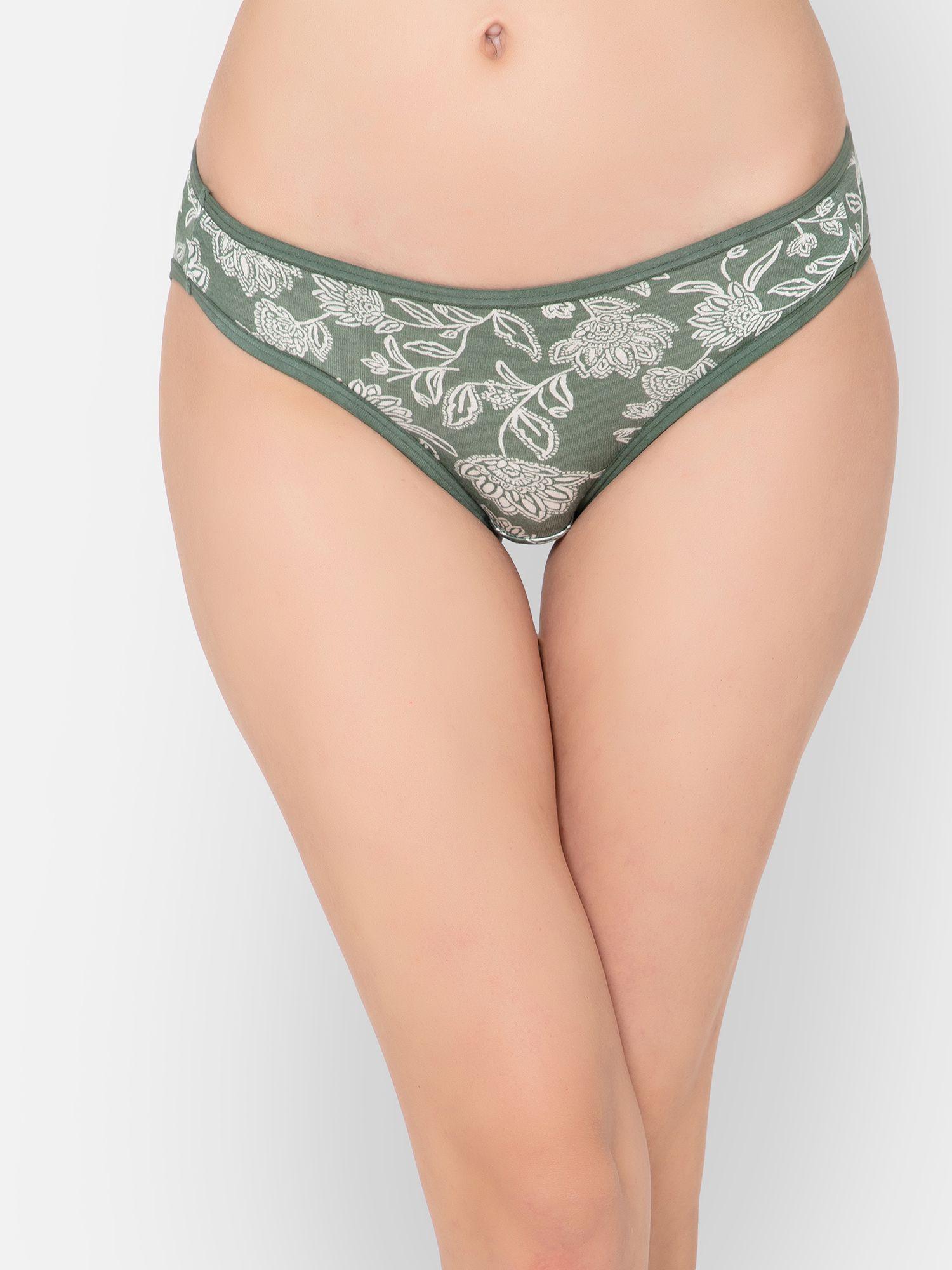 low waist floral print bikini panty in olive green - cotton