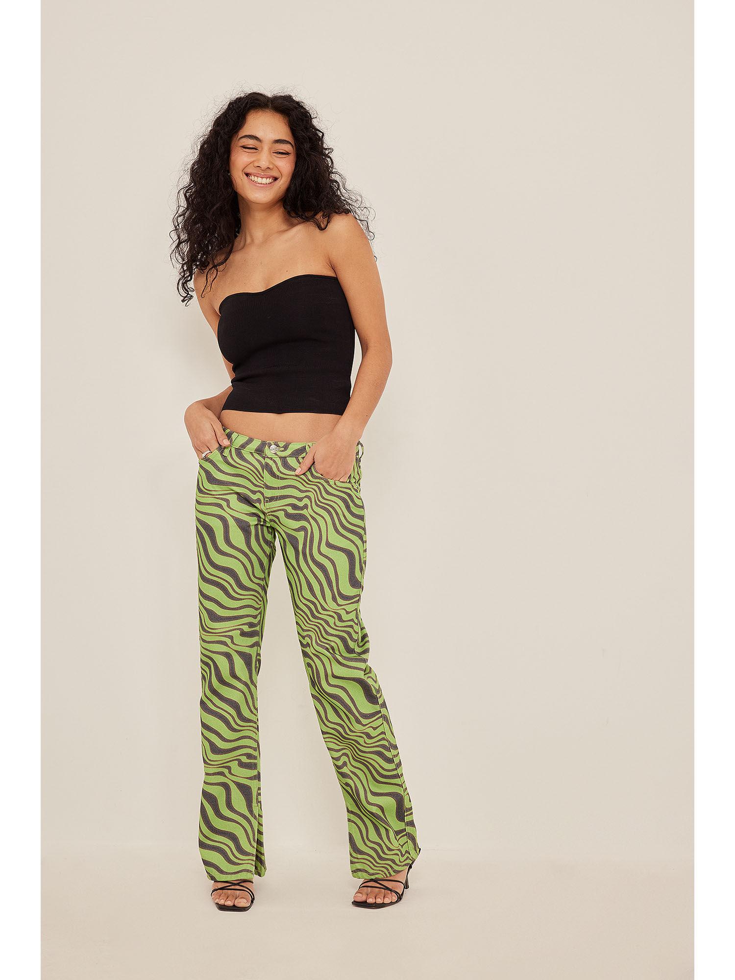 low waist straight side slit denim-zebra green