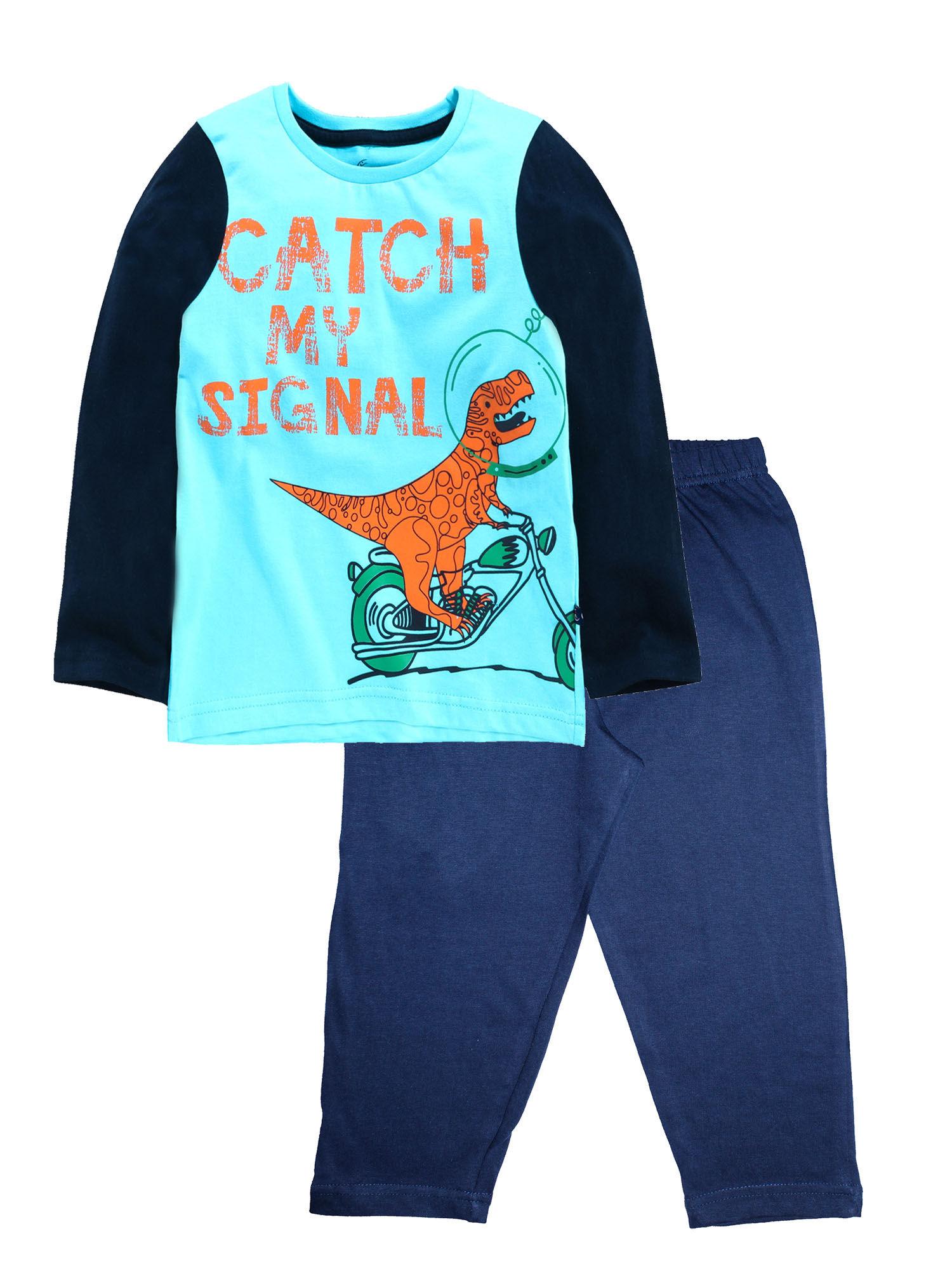 lt blue & navy boys full sleeve "dino" chest print tee & solid pyjama pant (set of 2)