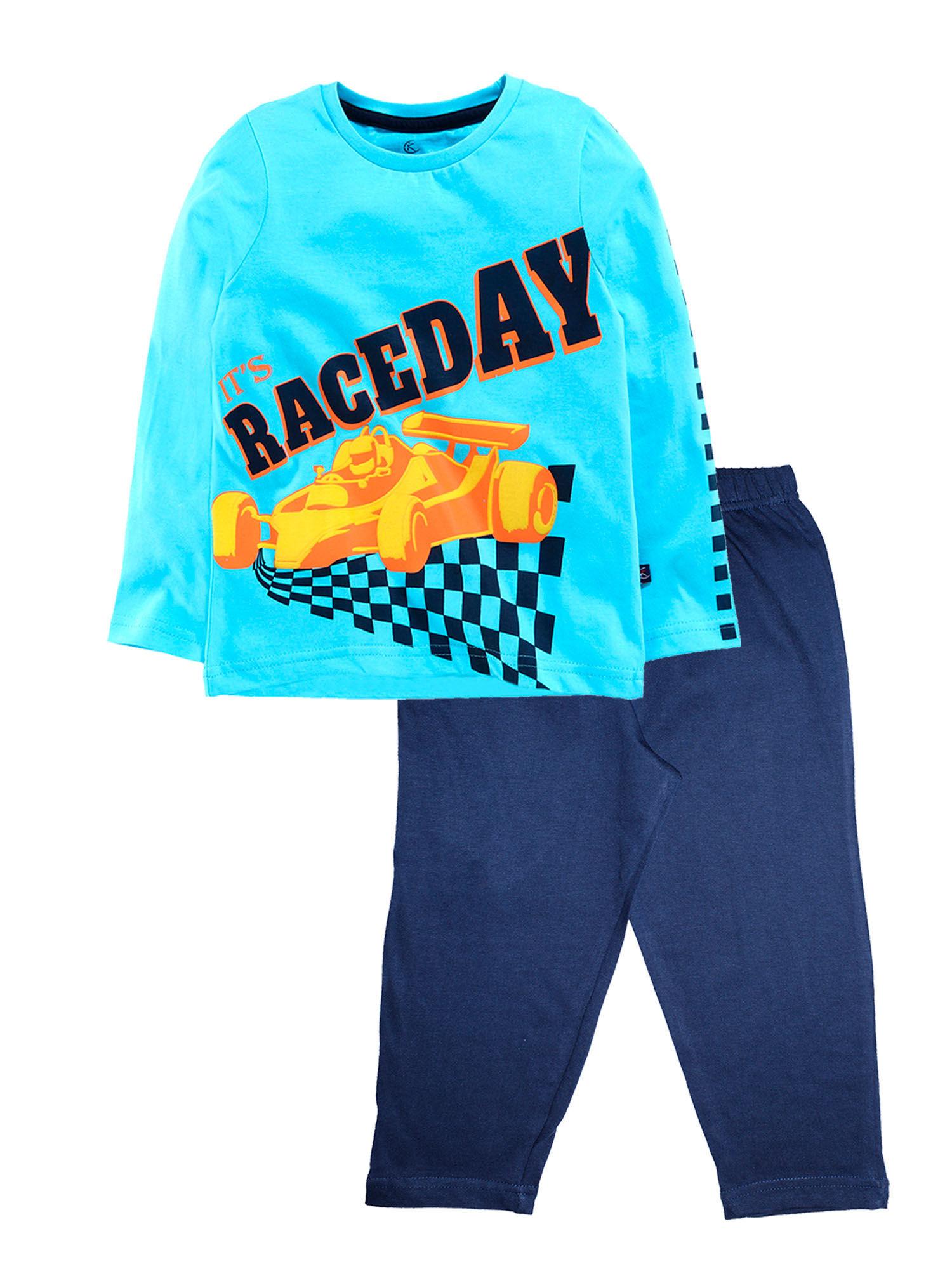 lt blue f1 and navy full sleeve f1 race day print tee and pyjama (set of 2)