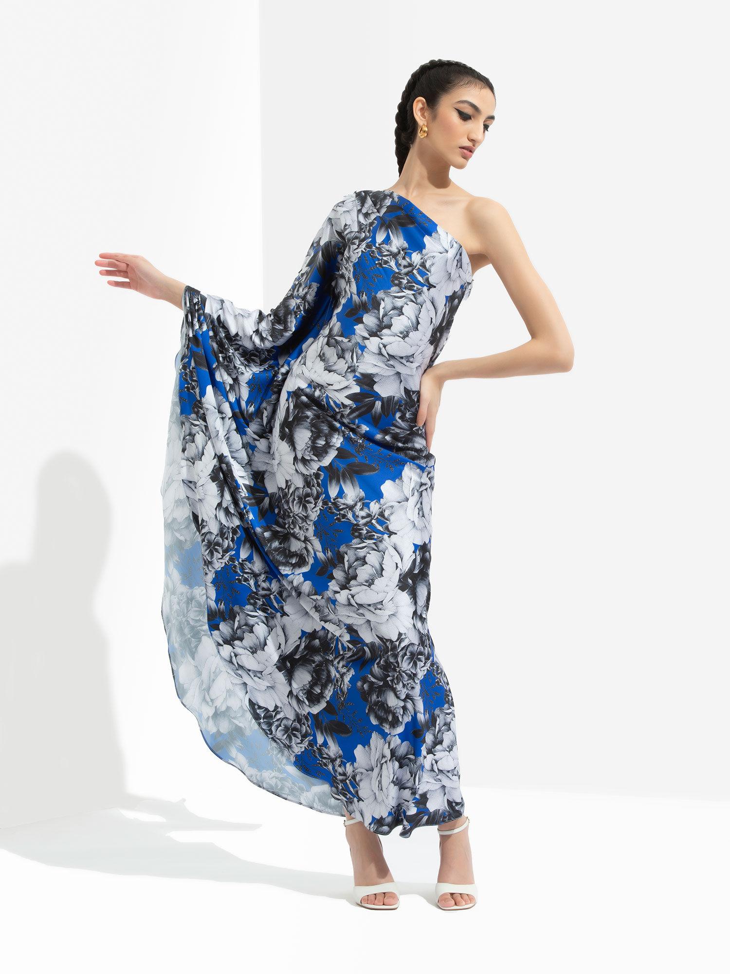 luana printed one off shoulder kaftan dress blue