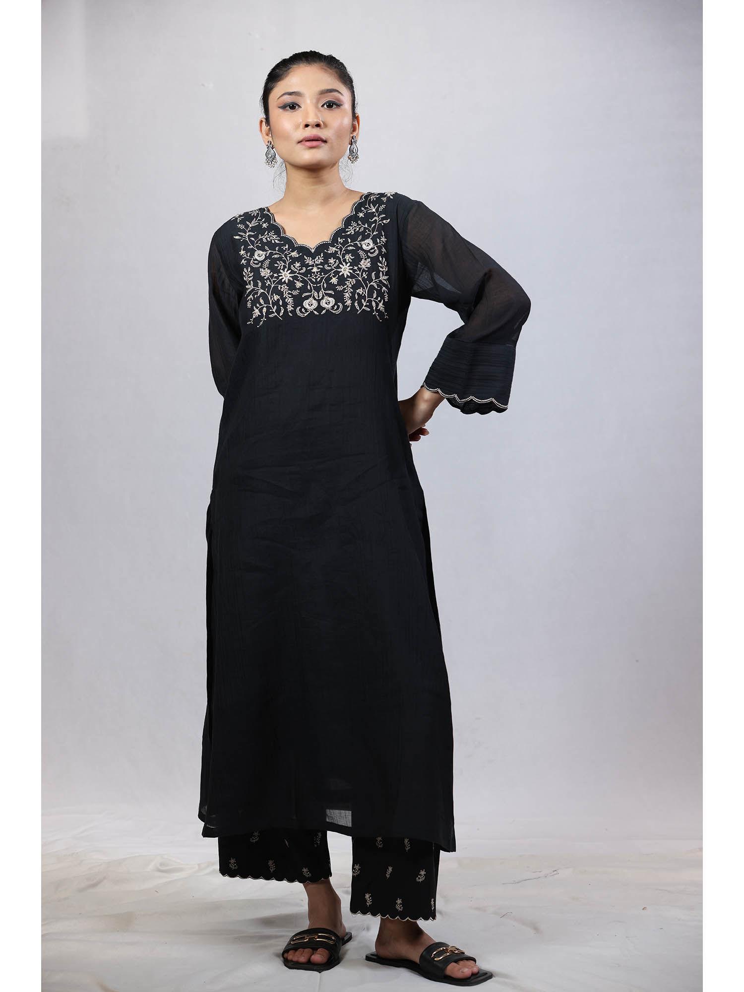 lucid embroidered kurta & pant - black (set of 2)