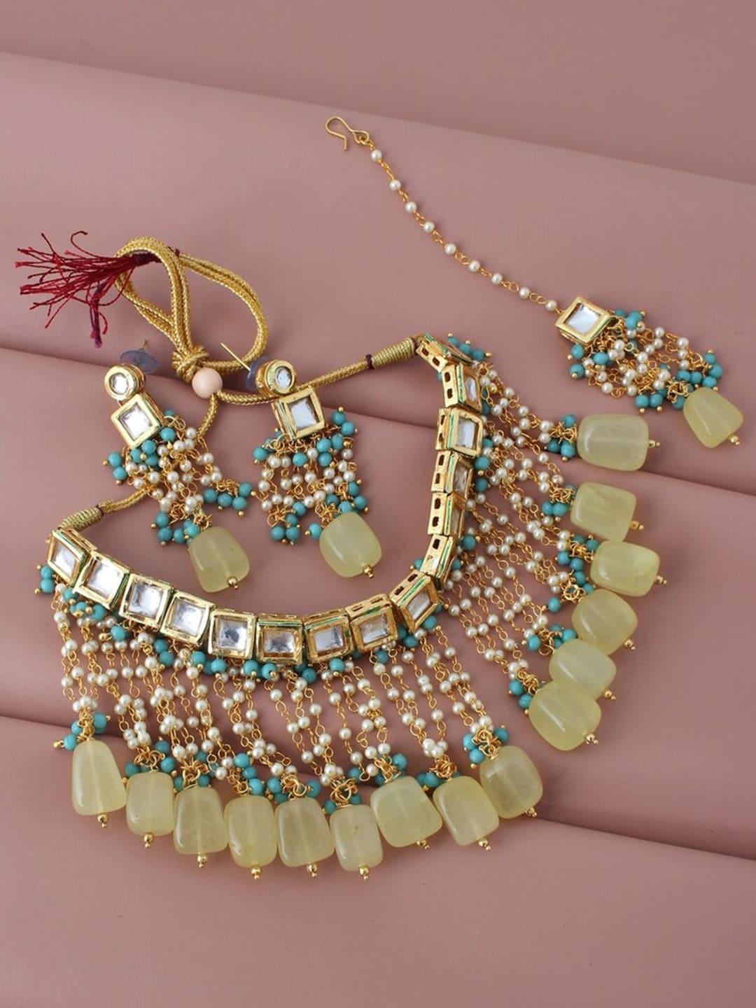 lucky jewellery gold plated firozi-yellow kundan studded jewellery set