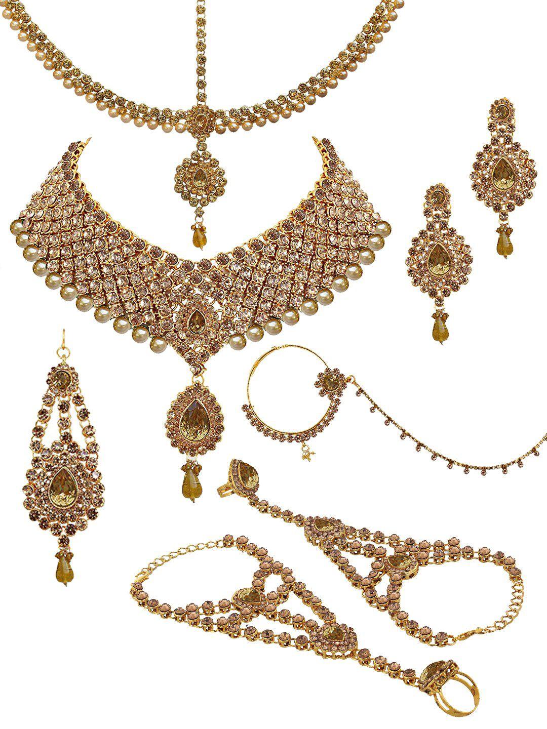 lucky jewellery 18k gold-plated beige cz-studded & beaded handcrafted bridal jewellery set