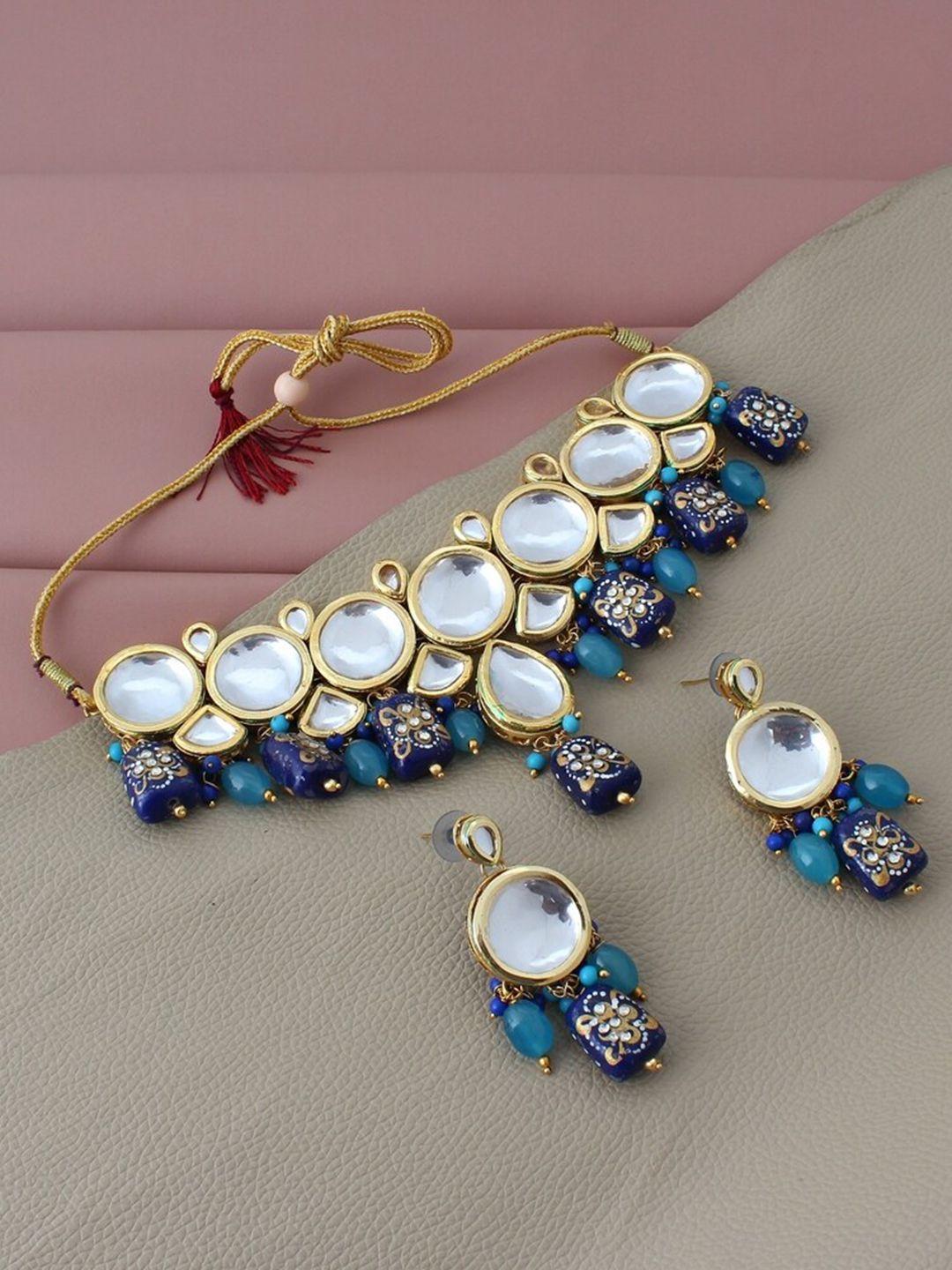 lucky jewellery 18k gold-plated white & blue kundan-studded & beaded meenakari jewellery set