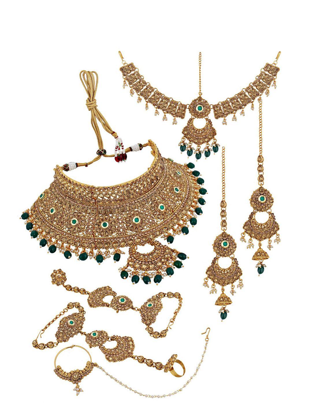 lucky jewellery gold-plated & green stone-studded & beaded handcrafted jewellery set