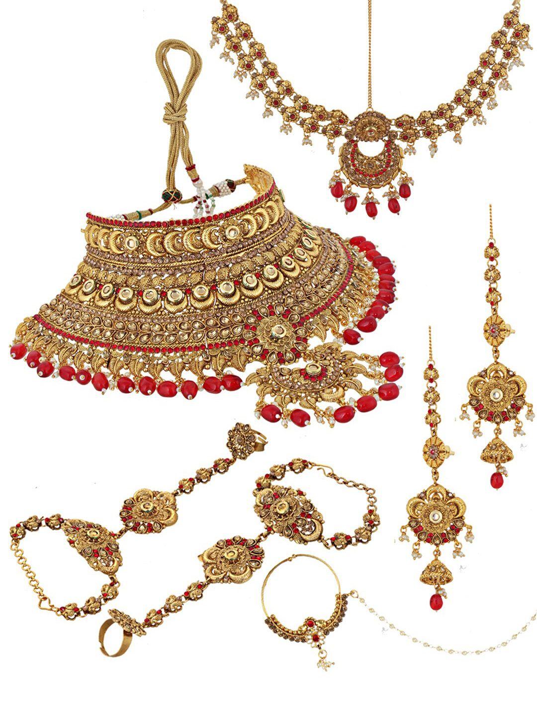 lucky jewellery gold-plated & red pearl beaded handcrafted bridal jewellery set