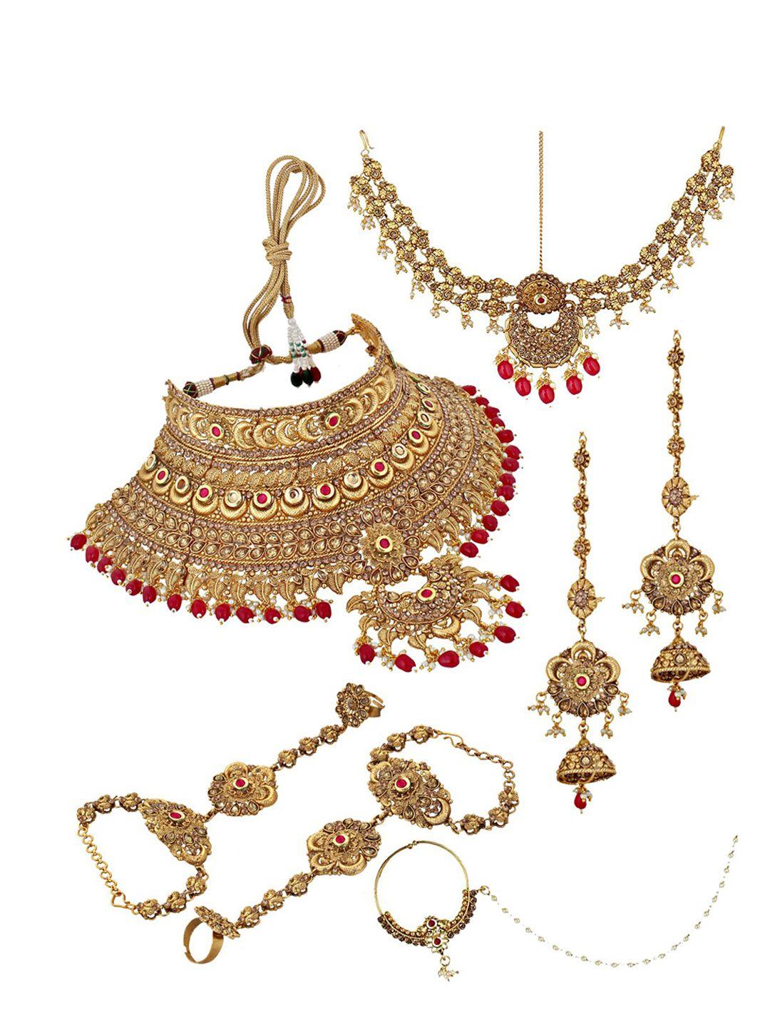 lucky jewellery gold-plated & red stone-studded & beaded handcrafted jewellery set
