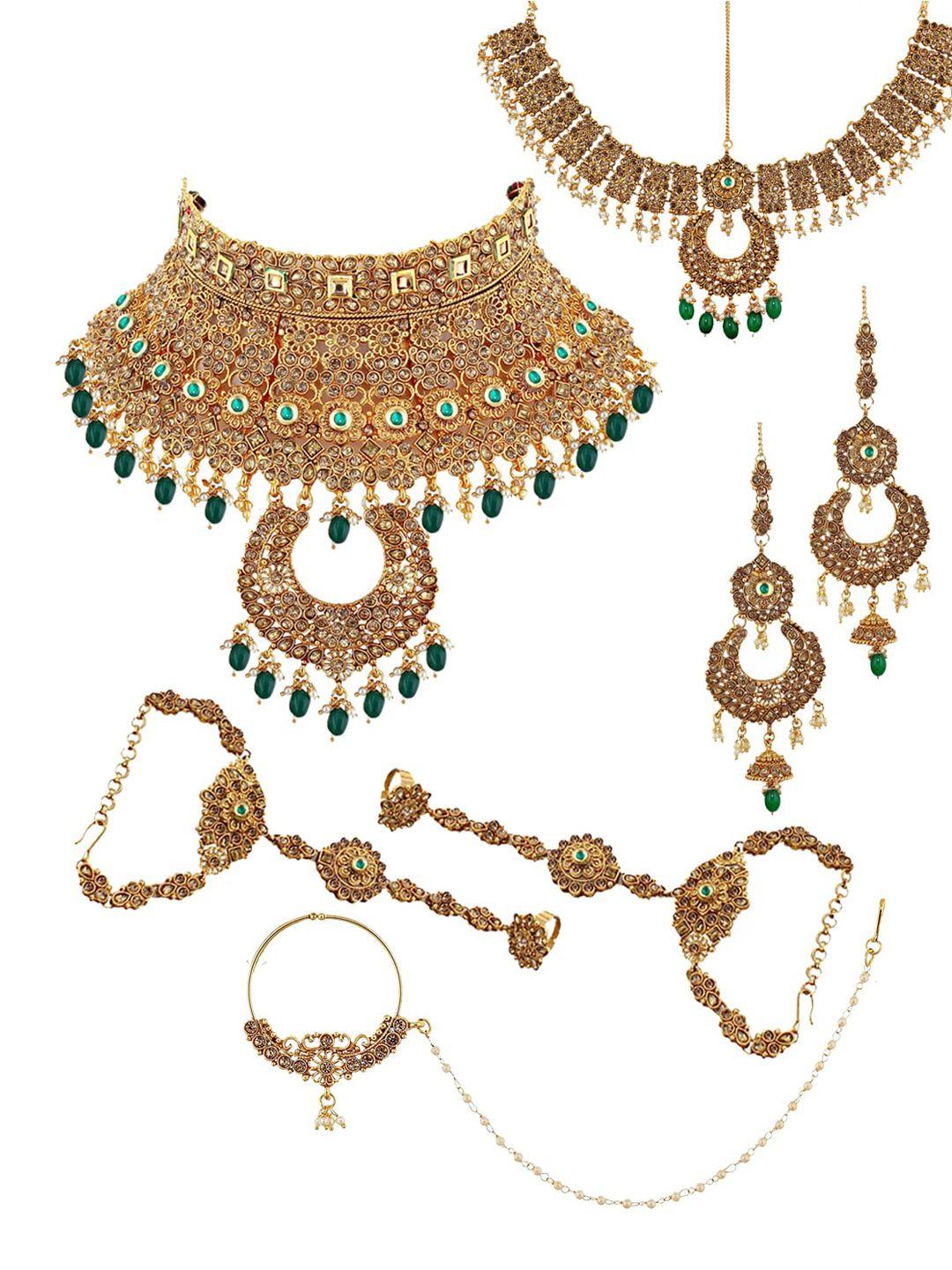 lucky jewellery gold-plated green stone-studded & beaded handcrafted jewellery set