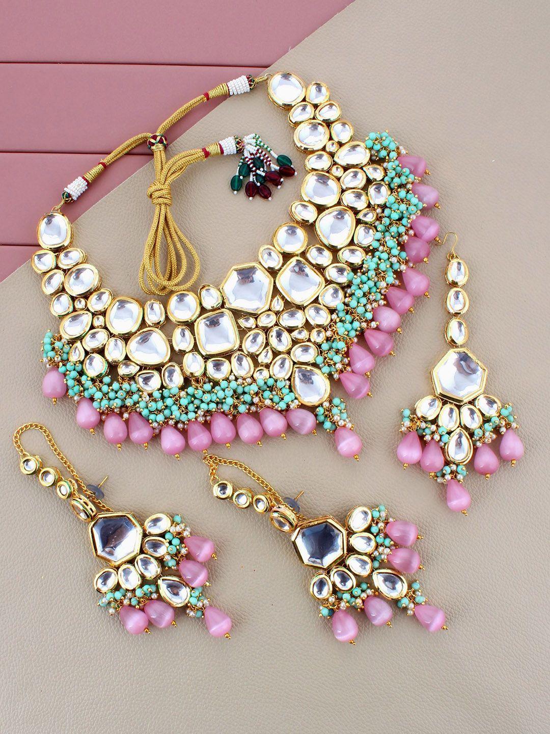 lucky jewellery gold-plated pink & blue kundan studded jewellery set