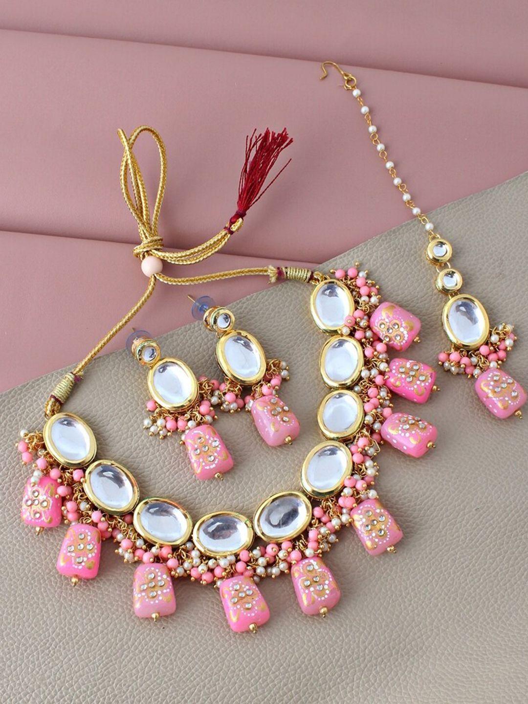 lucky jewellery gold-plated pink kundan-studded & beaded jewellery set