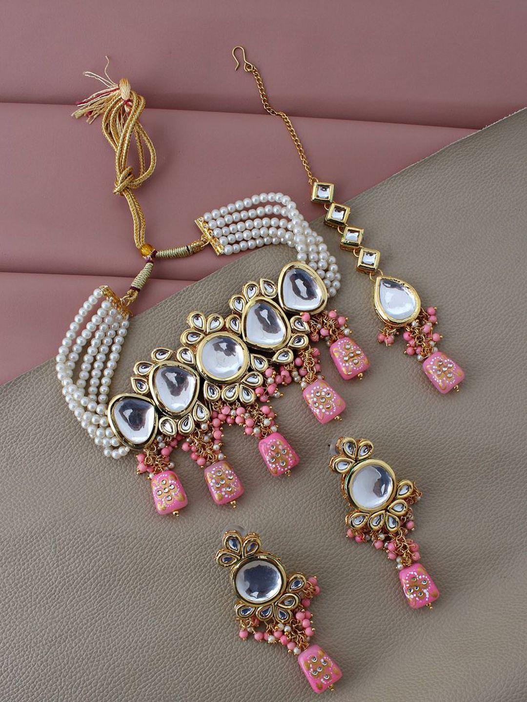 lucky jewellery gold-plated pink kundan studded jewellery set