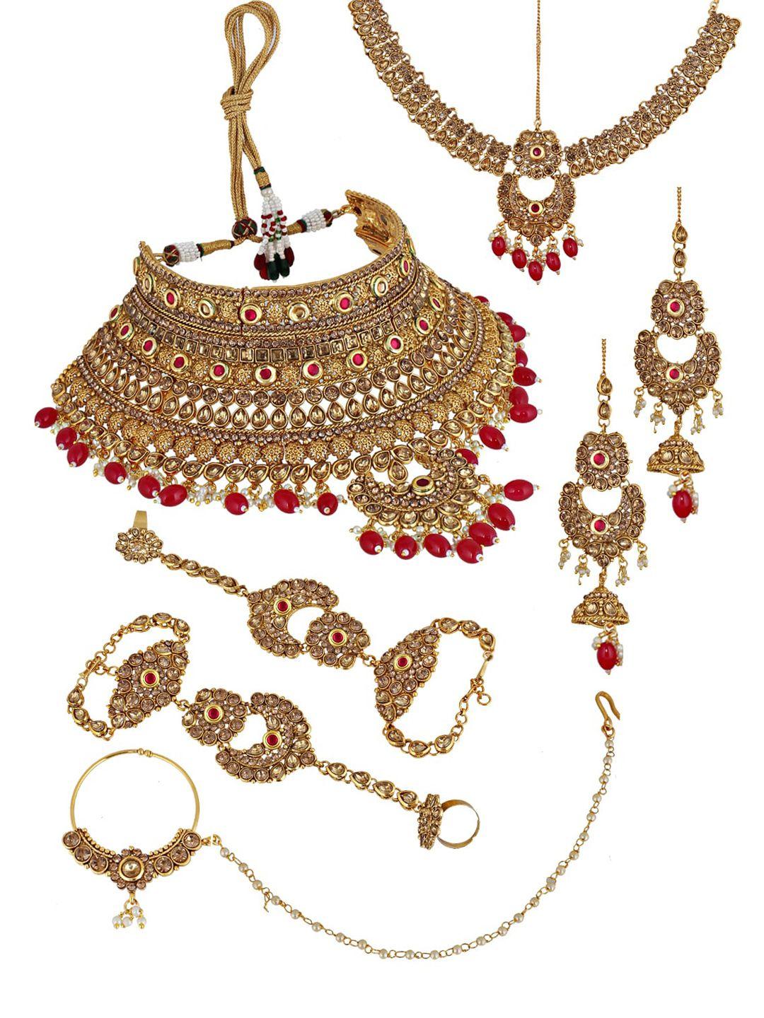 lucky jewellery gold-plated red & off white stone-studded pearl beaded handcrafted bridal jewellery set