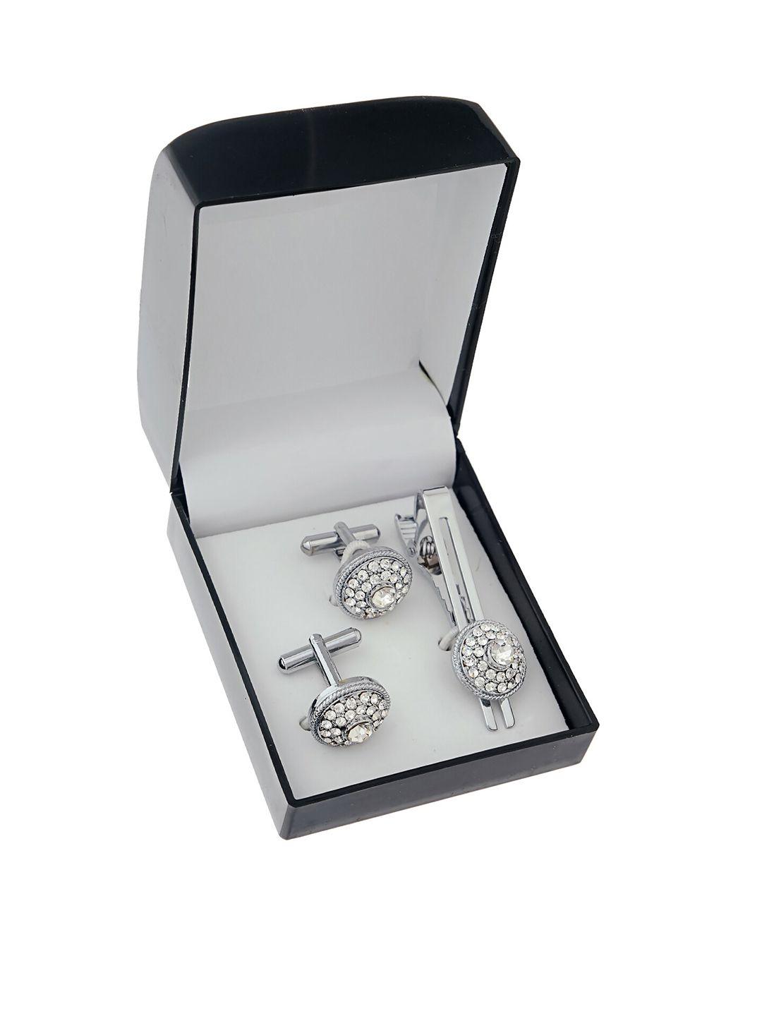 lucky jewellery men set of 3 white & silver-plated formal cufflinks