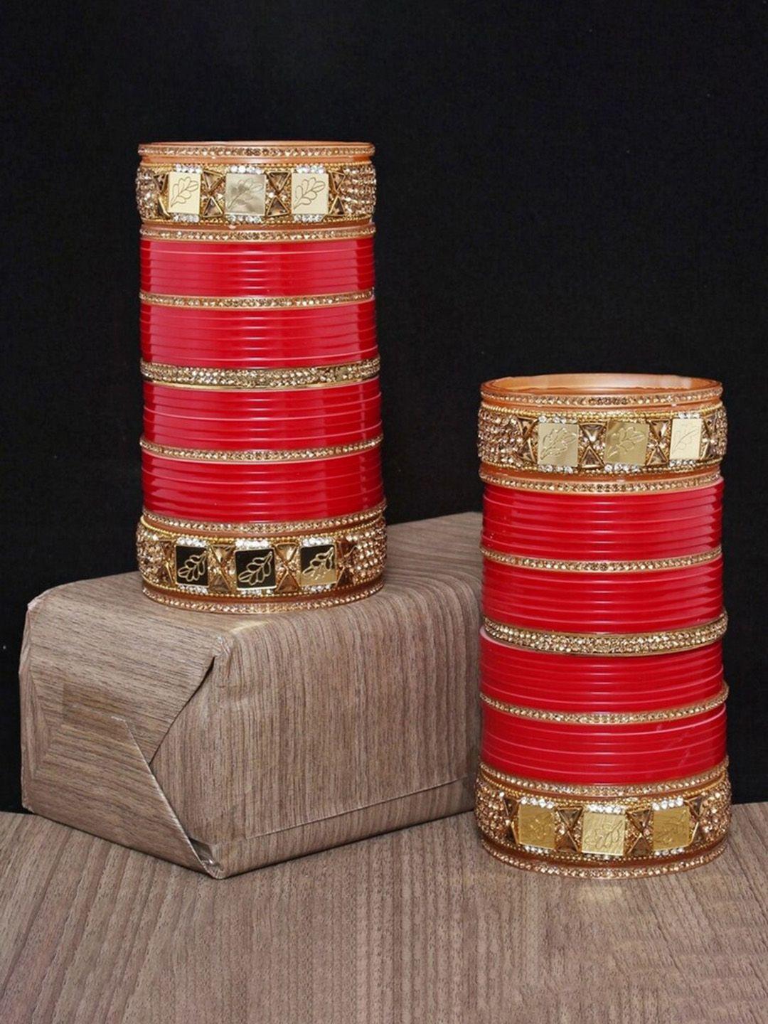 lucky jewellery red & gold-toned stone studded bangle set