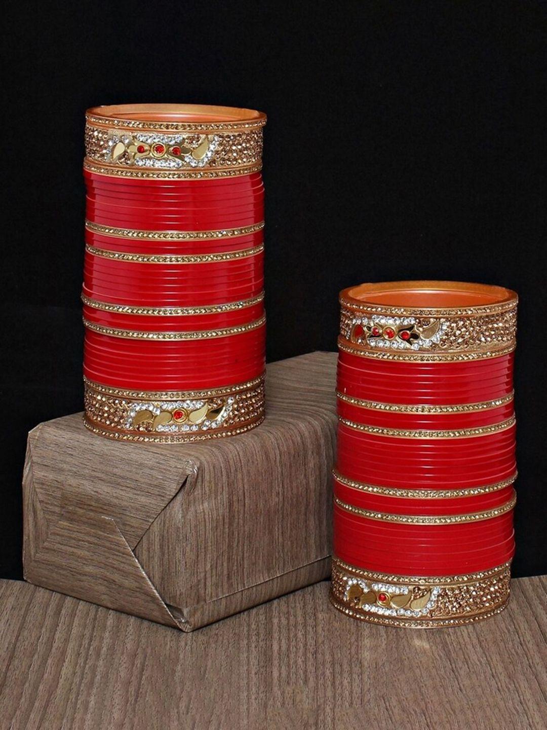 lucky jewellery red cz & kundan studded punjabi bridal bangle set