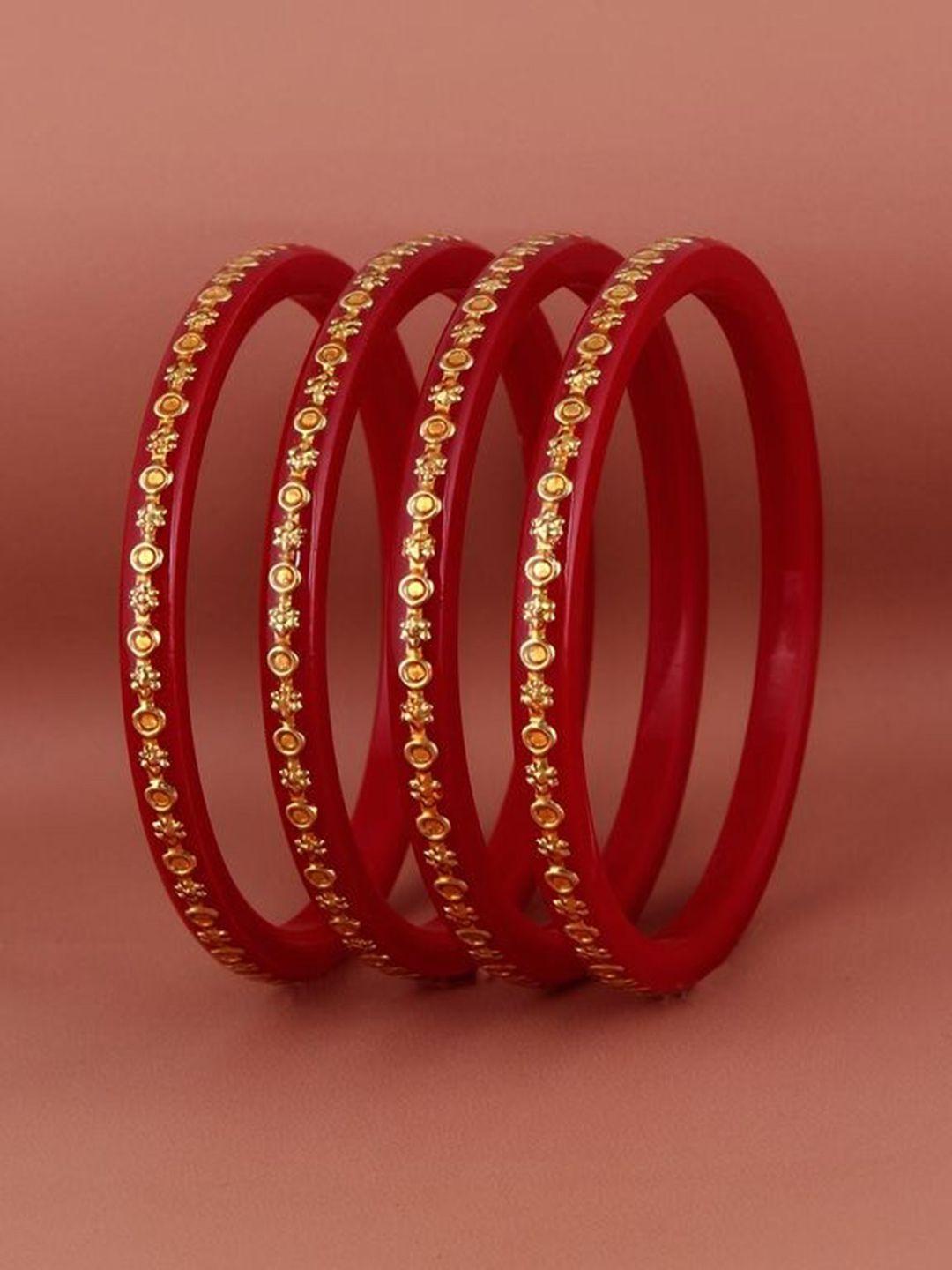 lucky jewellery set of 4 gold-toned & maroon sankha & bengali pola traditional bangles