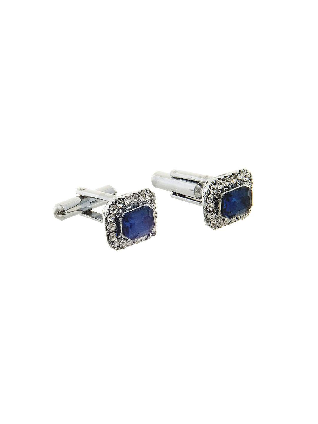lucky jewellery silver-toned & blue embellished rectangle cufflinks