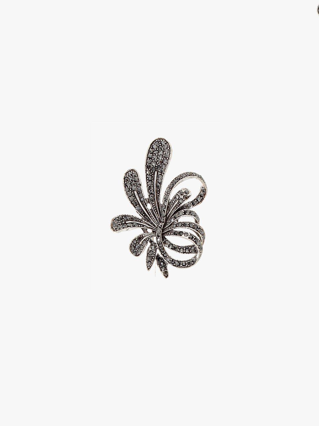 lucky jewellery unisex silver-toned & black stone-studded flower-shaped brooch