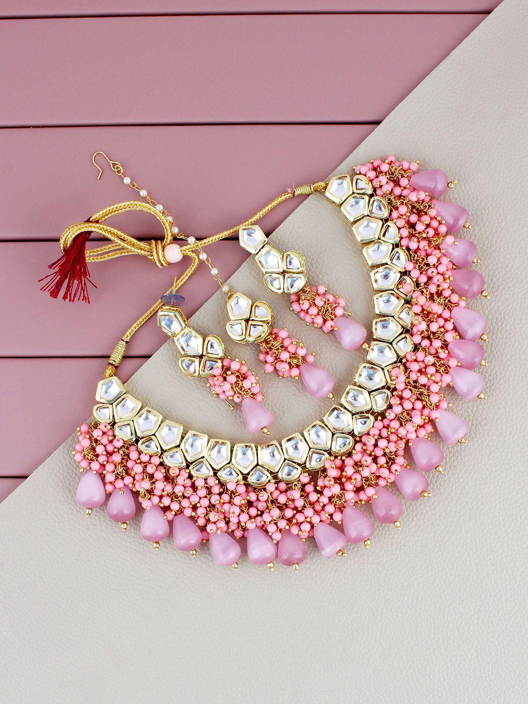 lucky jewellery white & pink 18k gold plated kundan studded & beaded jewellery set