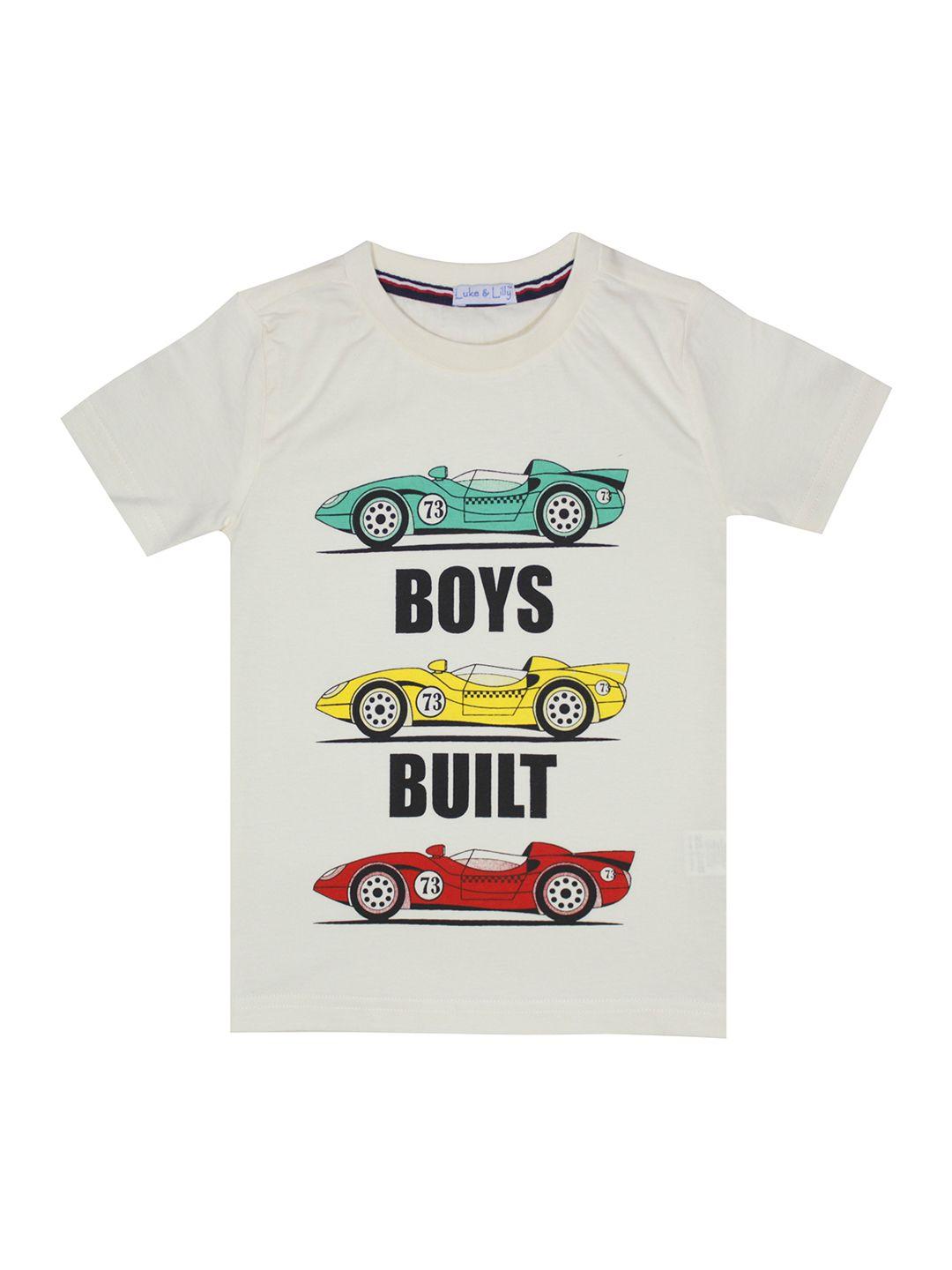 luke  lilly boys off-white printed round neck pure cotton t-shirt