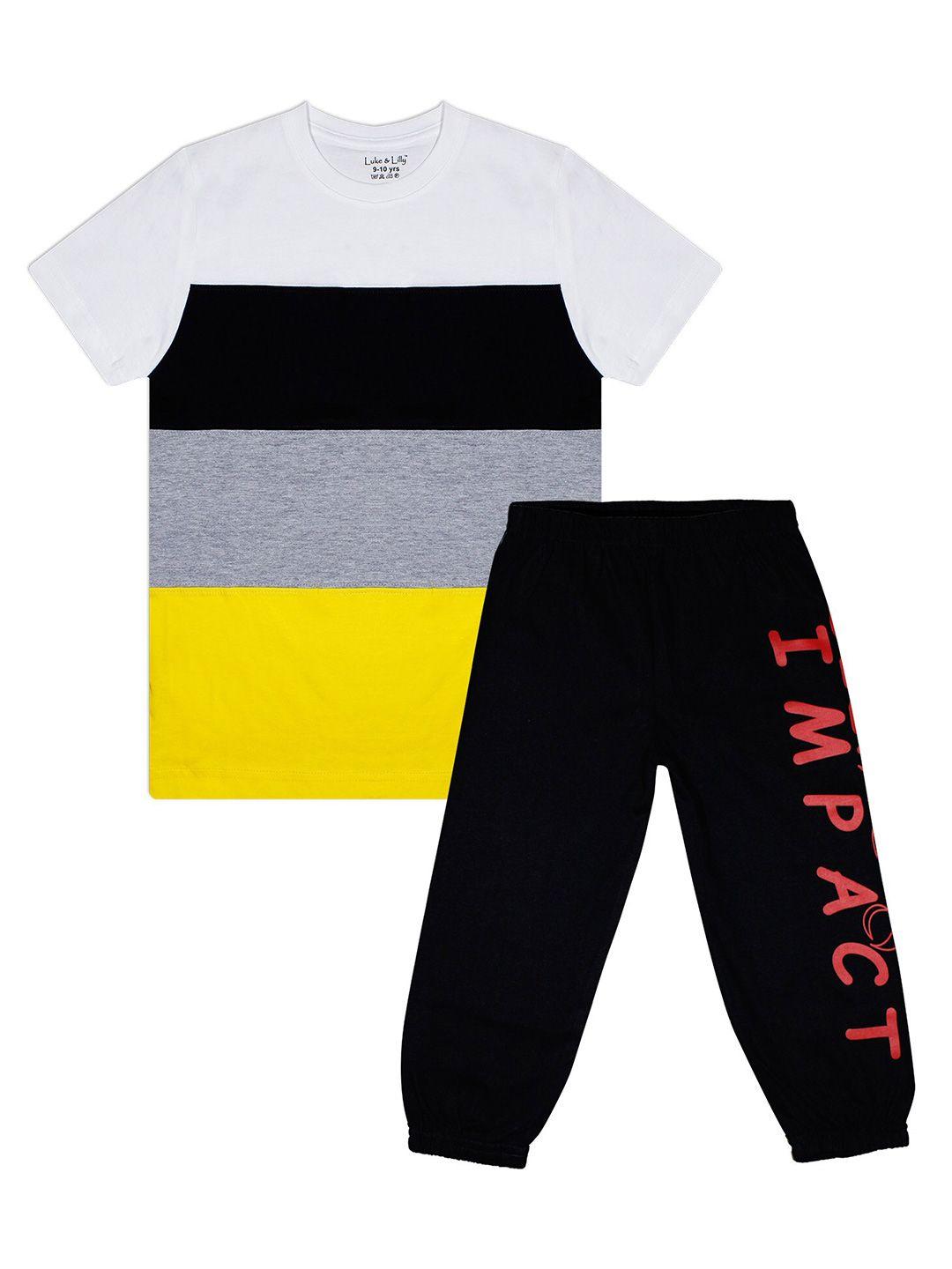 luke & lilly boys black & white colourblocked cotton t-shirt with trackpant