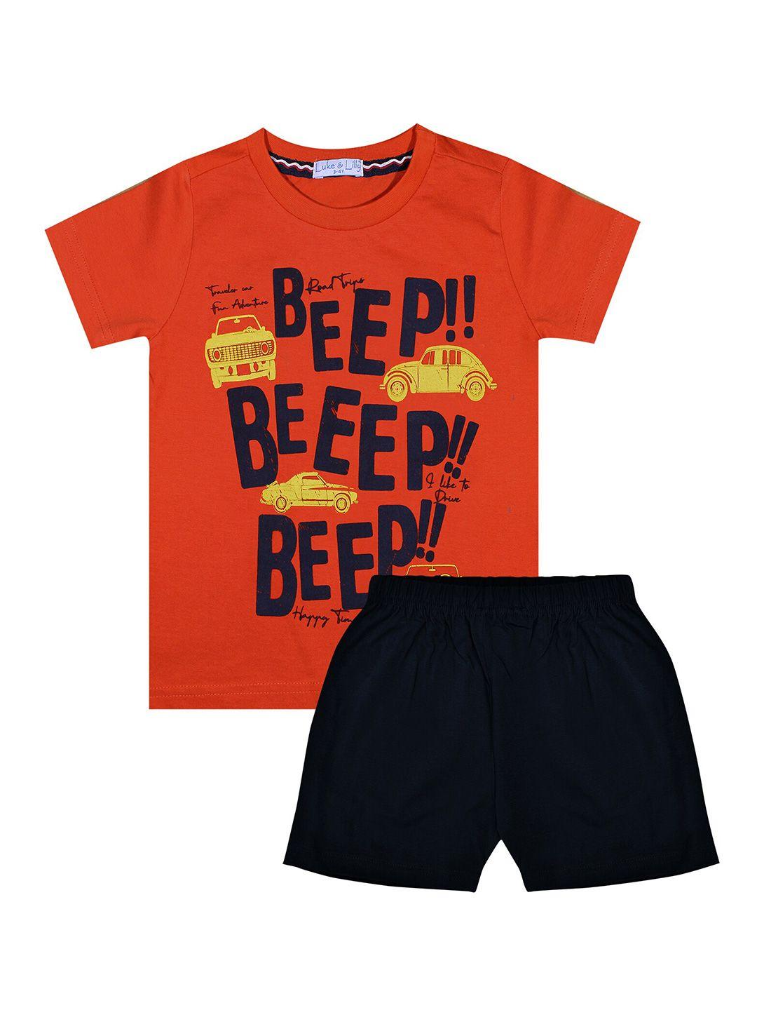 luke & lilly boys orange & black printed t-shirt with shorts