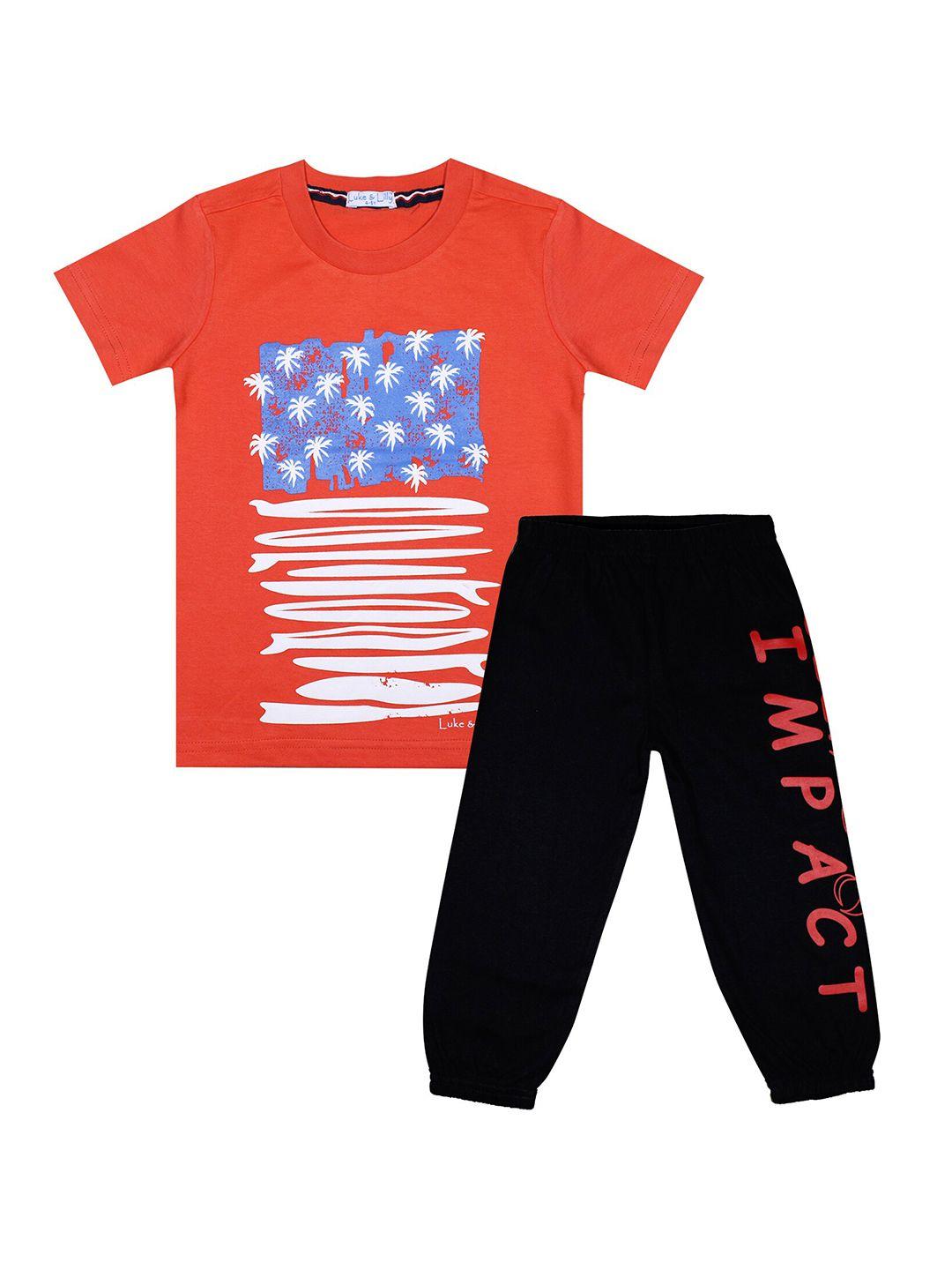 luke & lilly boys orange & black printed tshirt & pyjama set