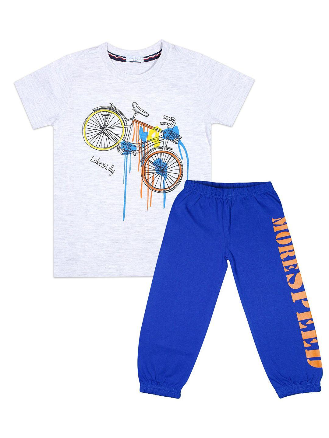 luke & lilly boys white & yellow graphic printed pure cotton t-shirts with trousers