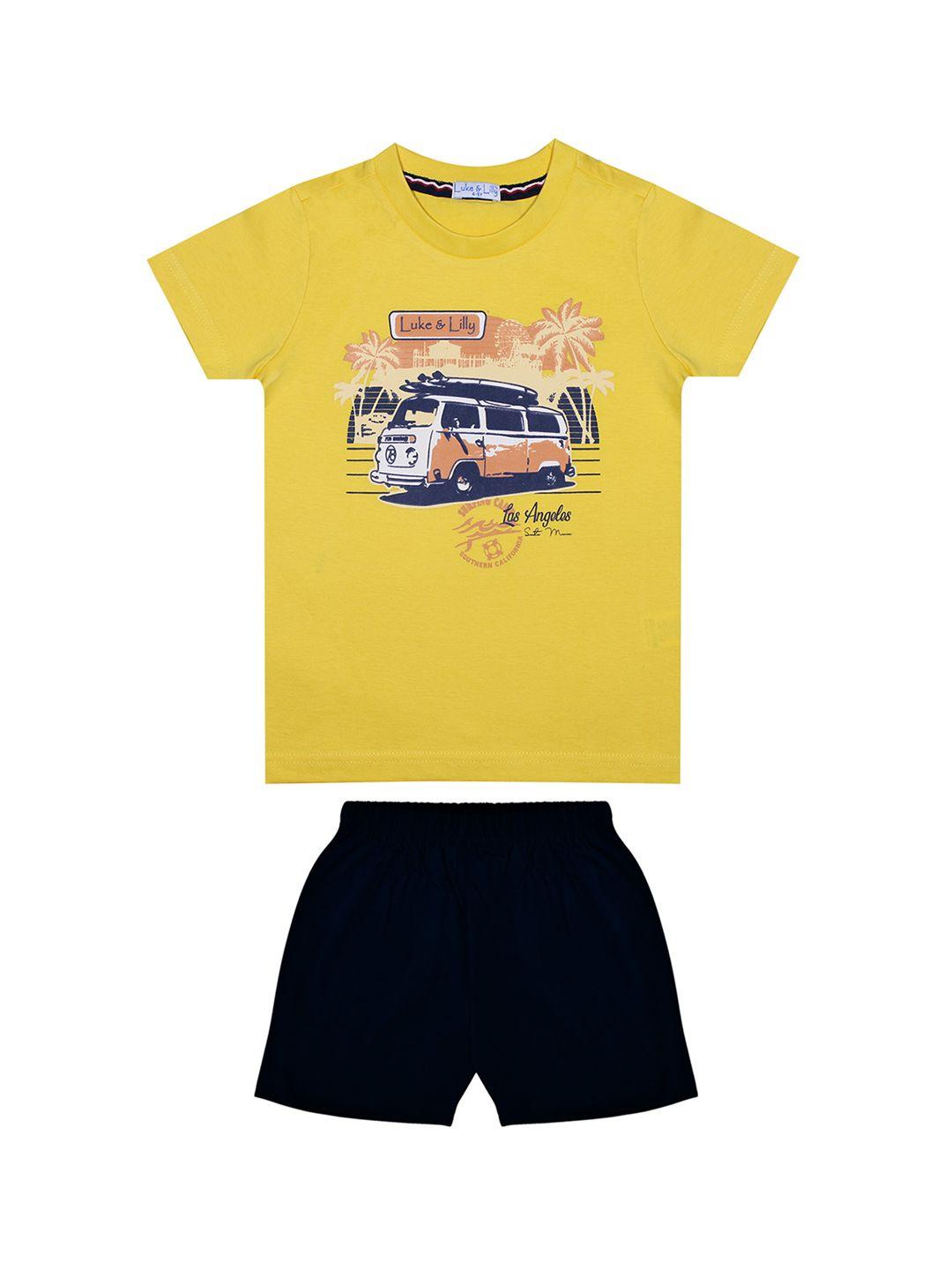 luke & lilly boys yellow & navy blue printed t-shirt with shorts