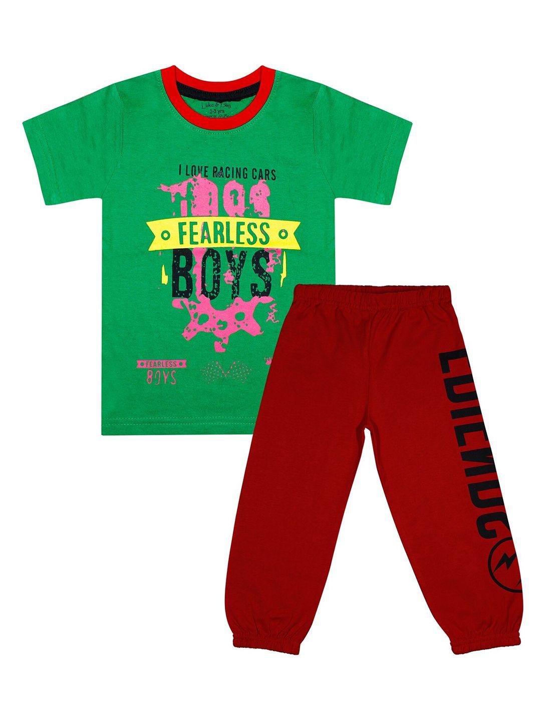 luke & lilly boys green & brown printed tshirt & pyjama set