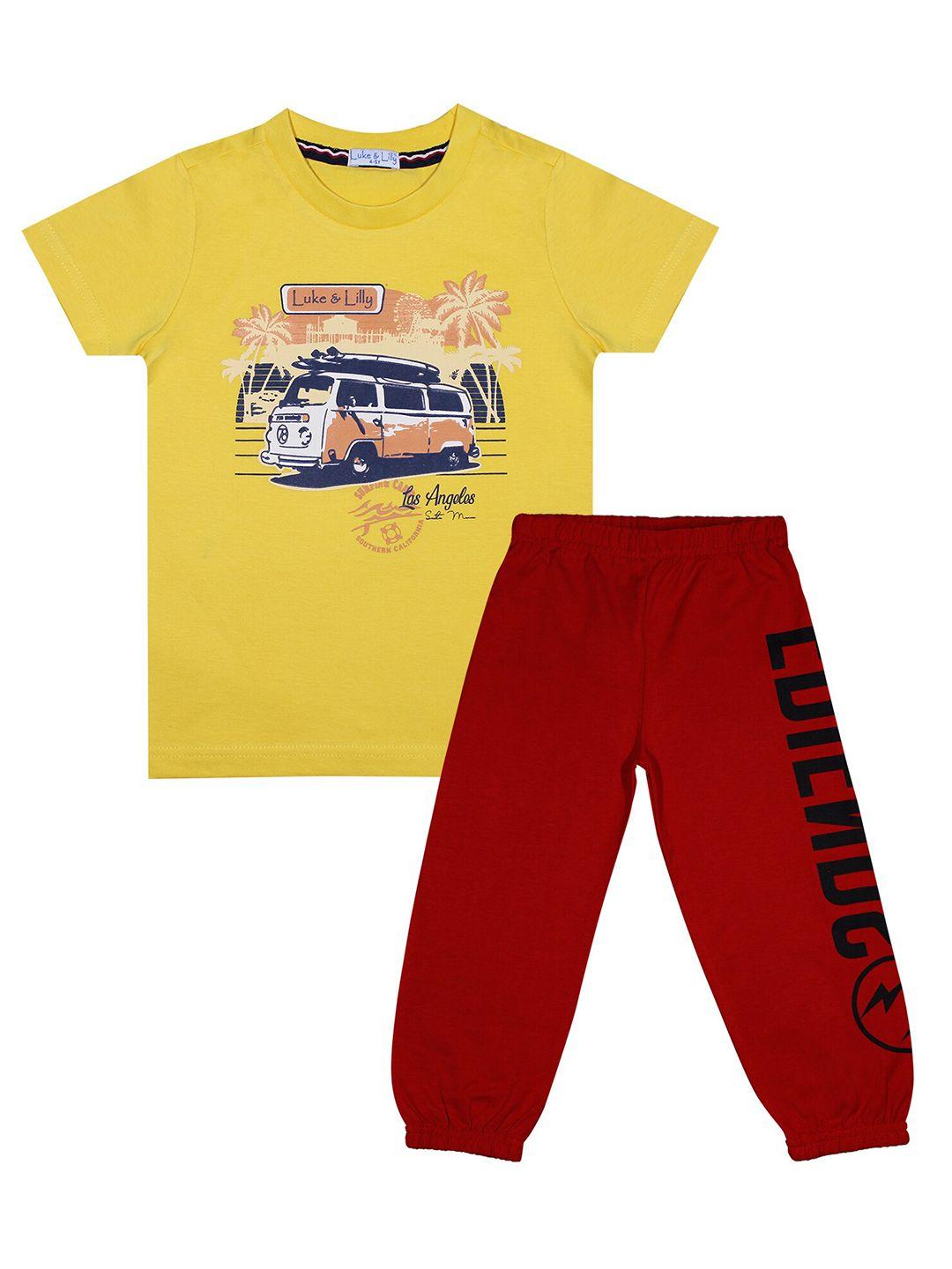 luke & lilly boys maroon & yellow printed t-shirt & pyjamas