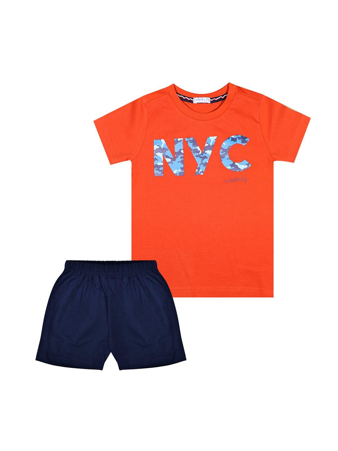 luke & lilly boys orange and navy blue printed t-shirt with shorts