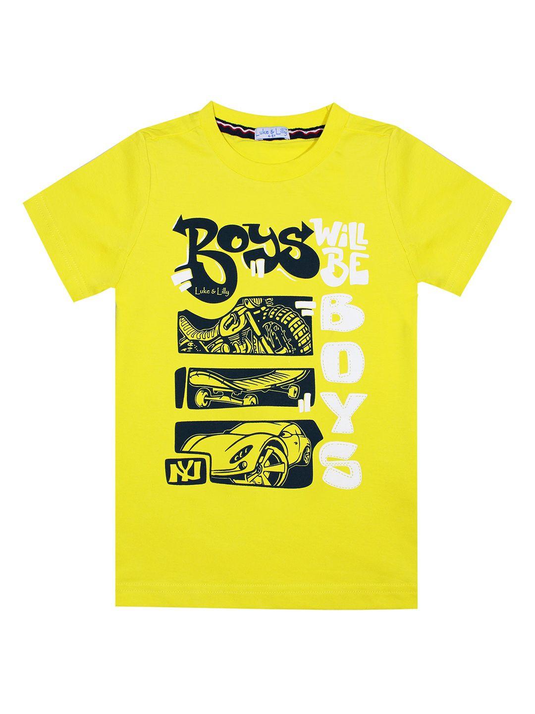 luke & lilly boys yellow & black typography printed cotton t-shirt