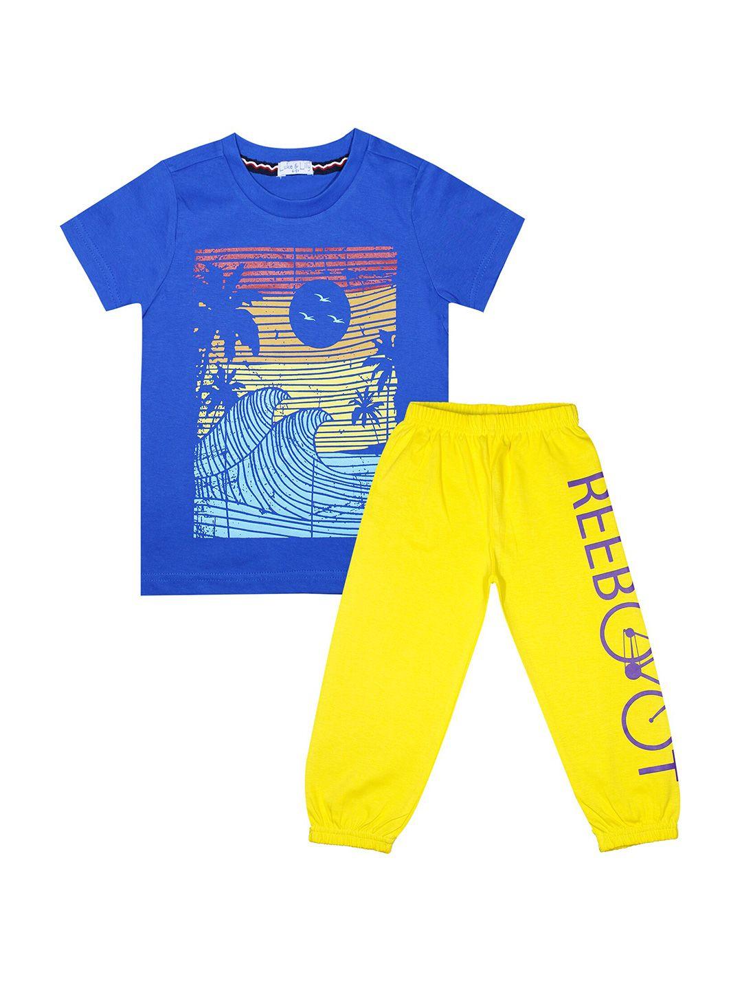 luke & lilly boys yellow & blue printed t-shirt with pyjamas