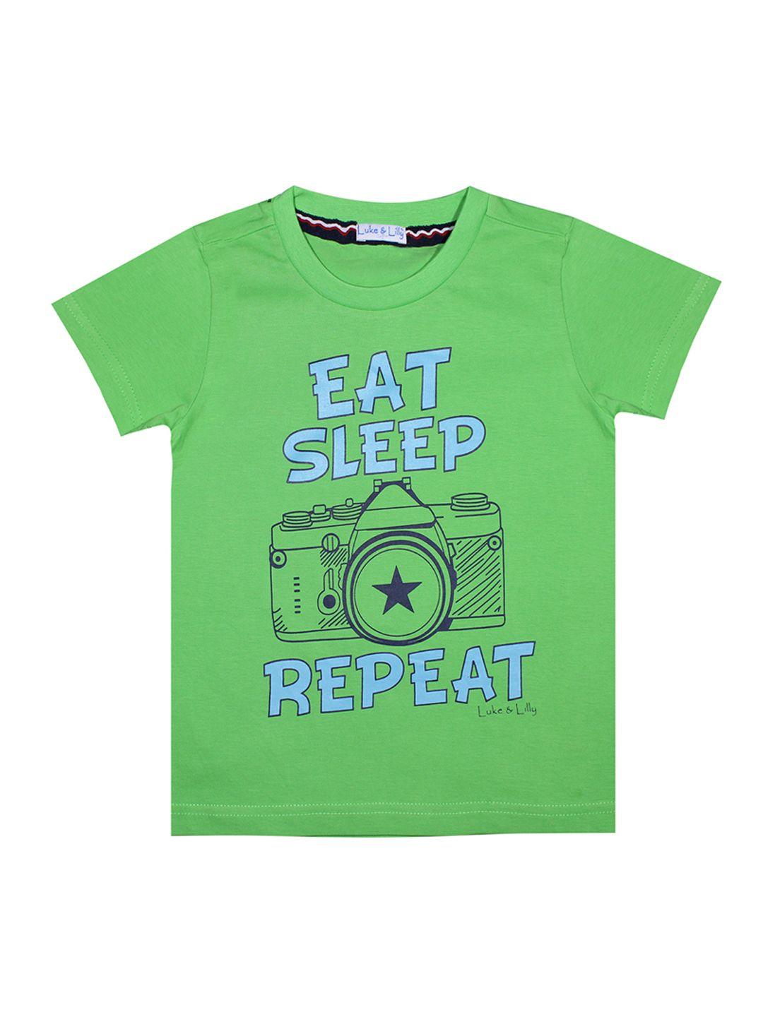 luke  lilly boys green printed round neck pure cotton t-shirt