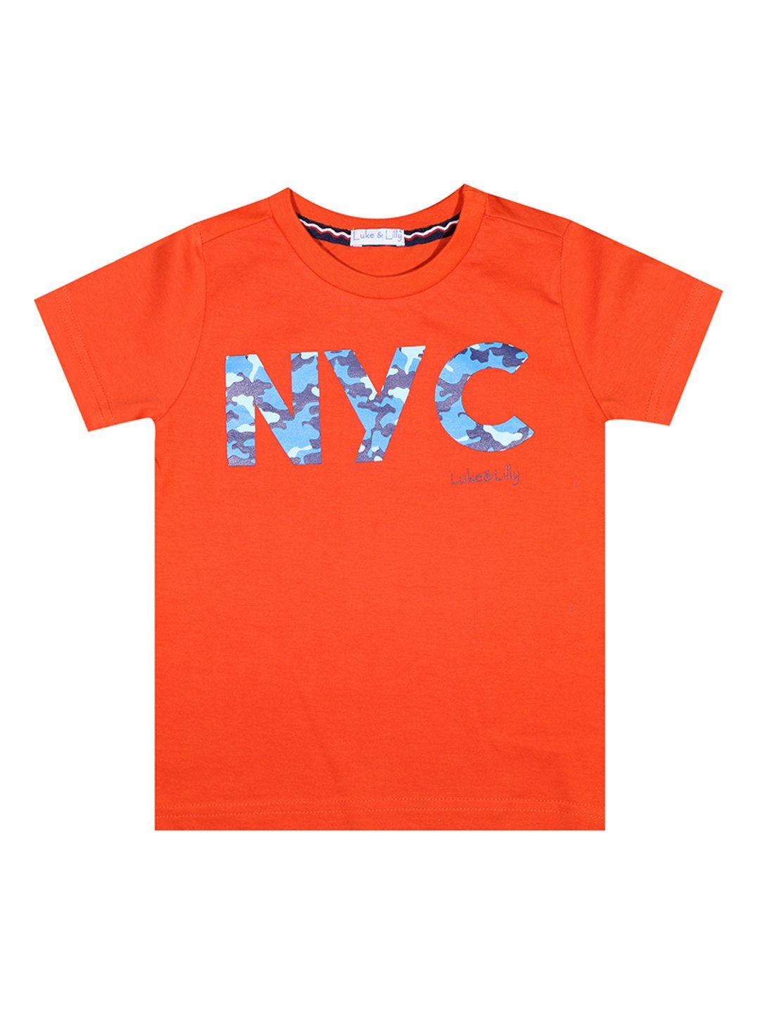 luke  lilly boys orange printed round neck pure cotton t-shirt