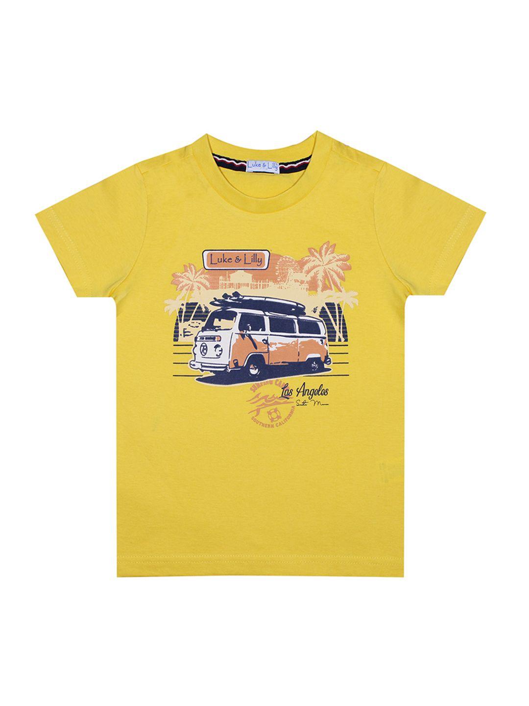 luke  lilly boys yellow printed round neck pure cotton t-shirt