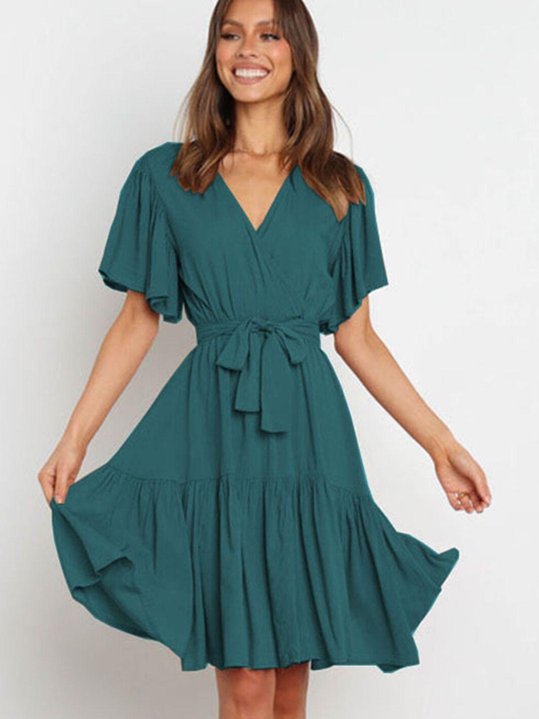 lulu & sky v-neck gathered tiered flared sleeves fit & flare dress
