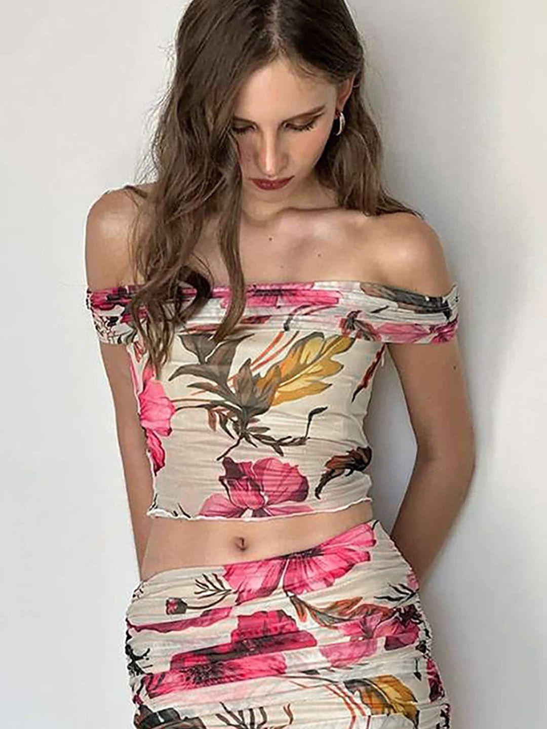 lulu & sky  printed off shoulder crop top with mini skirts co-ords