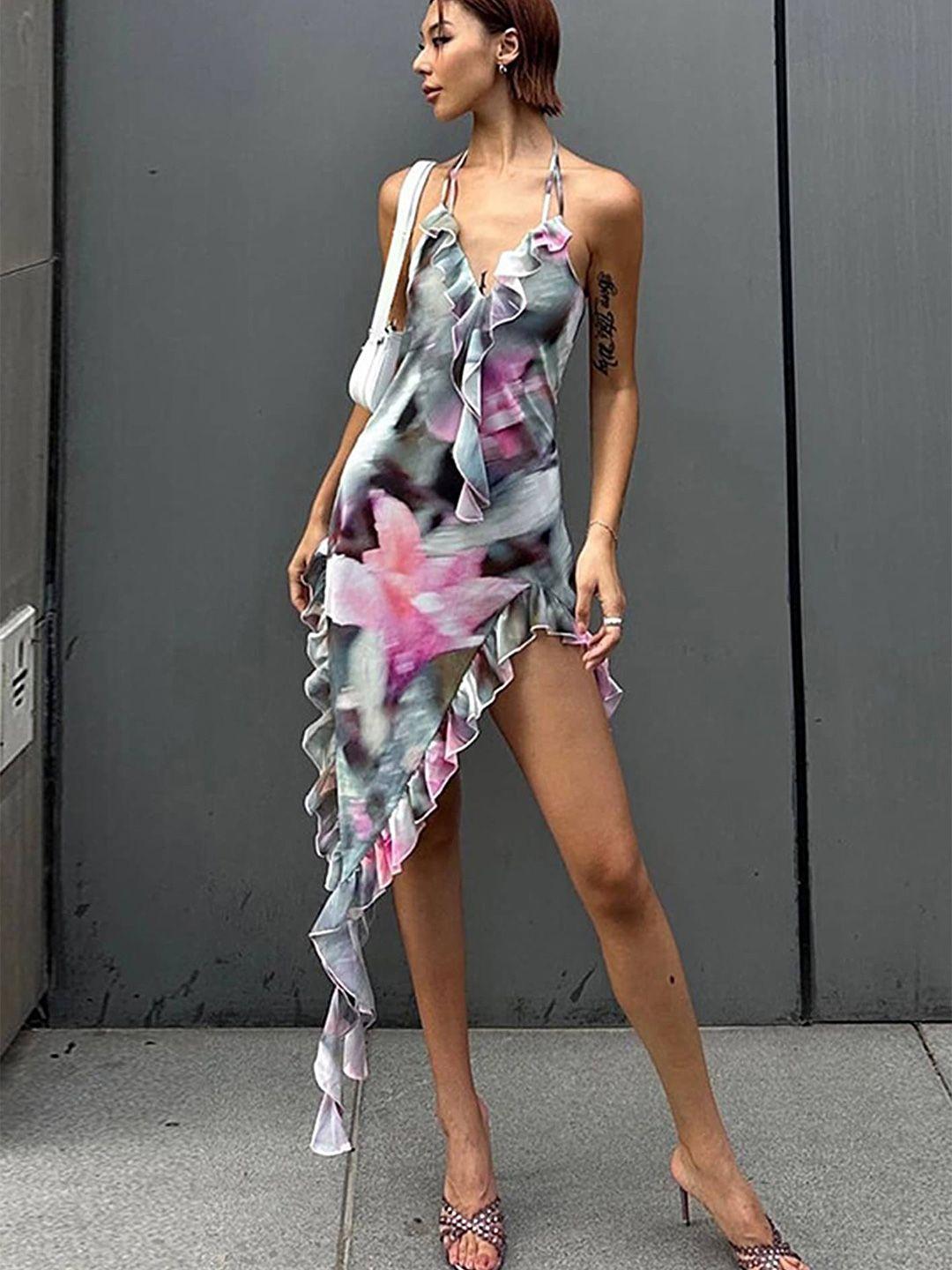 lulu & sky abstract printed halter neck ruffles a-line midi dress