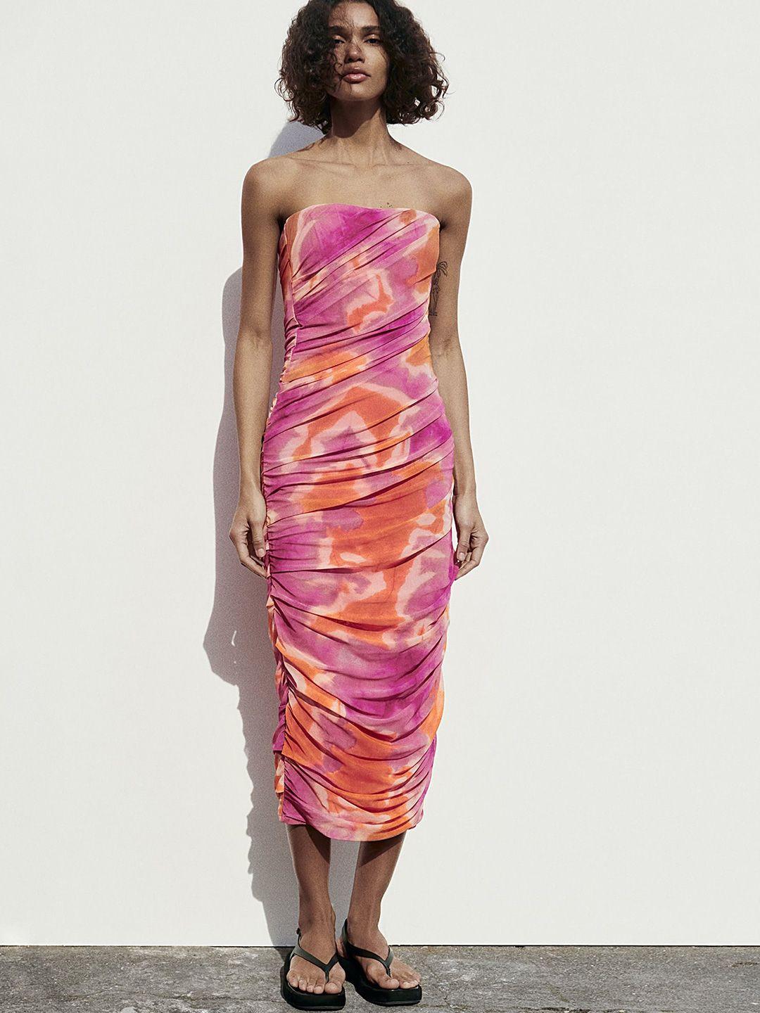 lulu & sky abstract printed ruched sheath midi dress